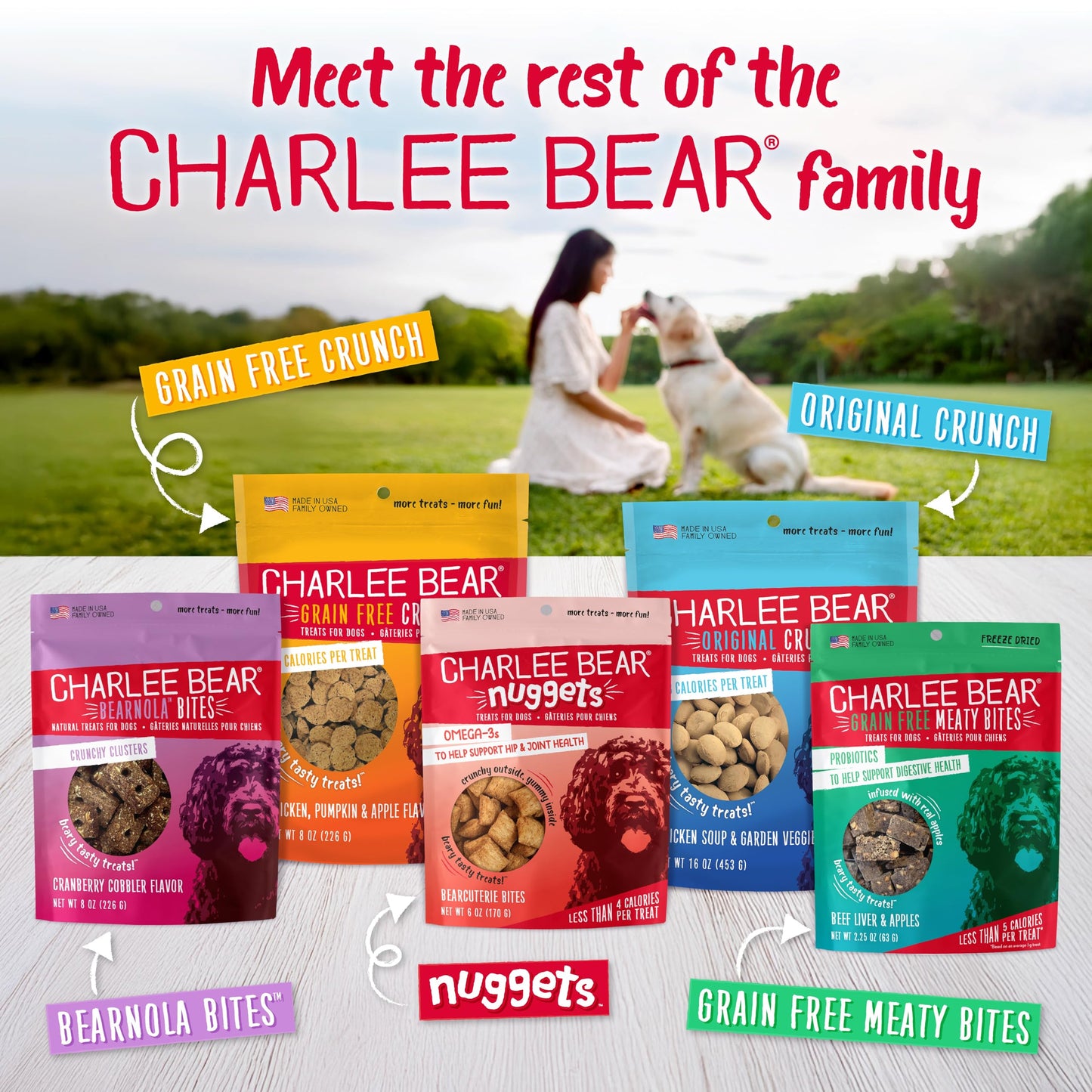 Charlee Bear Dog Training Treats for Small, Medium & Large Breeds, Crunchy Low Calorie Grain Free Dog Treats, USA Made, Three Flavor Variety 6 Pack, 8oz Each