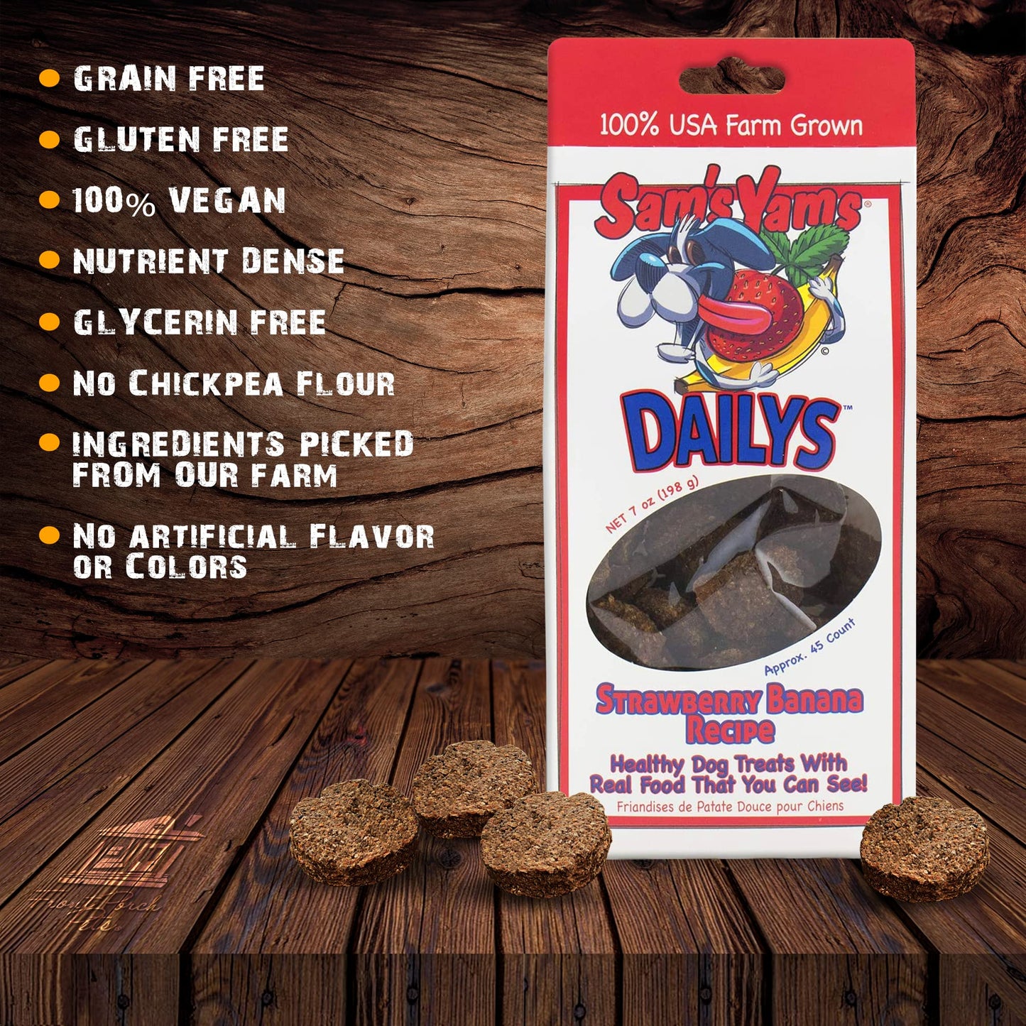 Sams Yams Sweet Potato Dog Treats, Healthy Dog Treats for Large, Medium or Small Breed Dogs, Vegan Sweet Potato Dog Chews Made in USA - Sam's Yams DAILY's Strawberry Banana Recipe Dog Snacks, 7oz