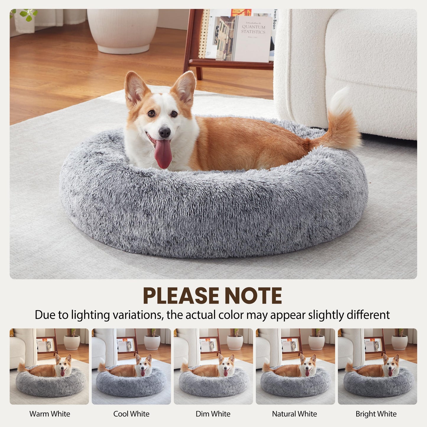 Warmrest Calming Dog Bed - Donut Washable Medium Size Round Pet Bed for Dogs and Cats, 30 inches Anti-Slip Fluffy Faux Fur Plush Cat Bed, Anti-Anxiety Cushion with Anti-Slip Bottom
