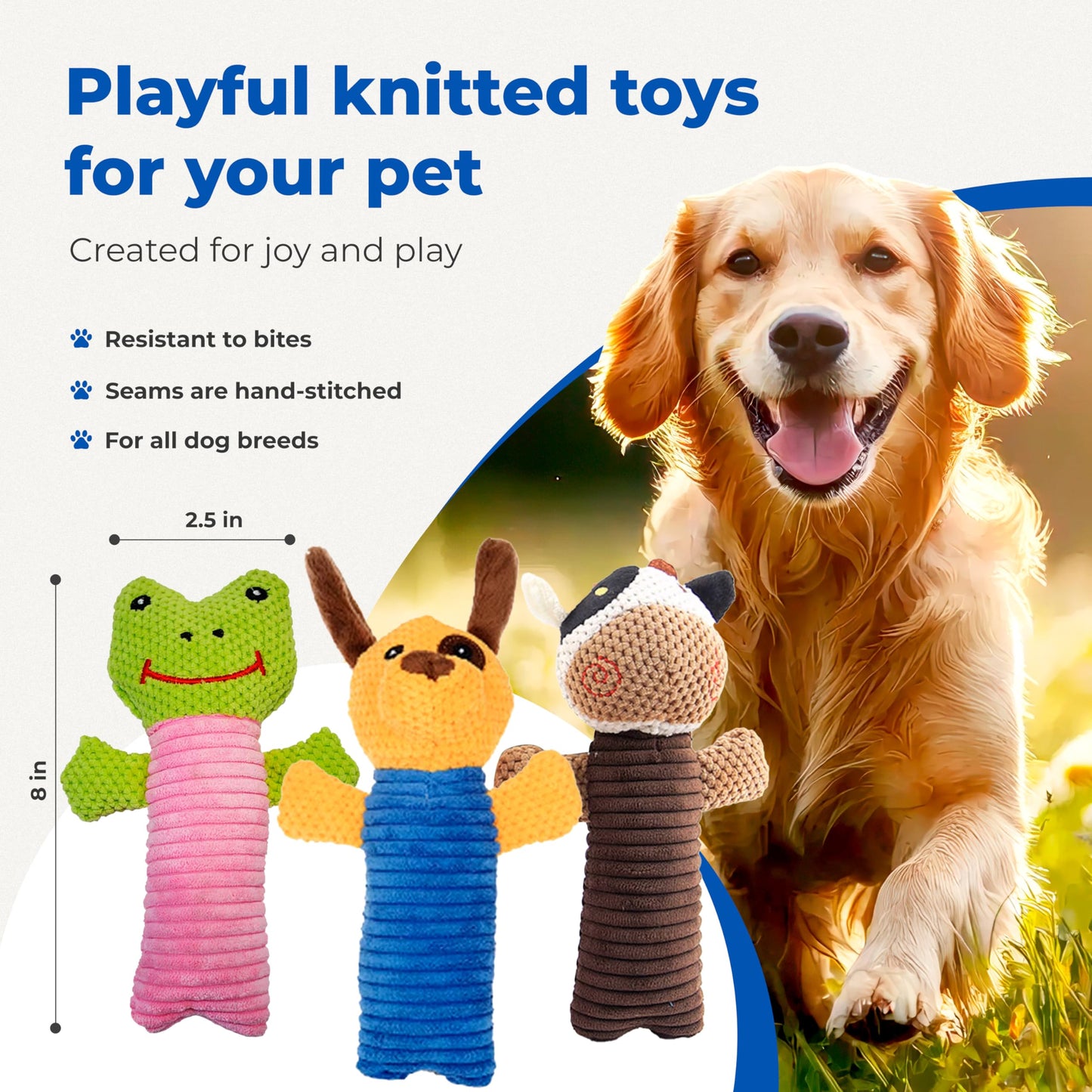 3 Piece Dog Toy Set — Stuffed Animals Chew Toy, Pet Squeakers Toys for Dogs — Durable Puppy Plush Toy Medium, Small Breed Outdoor, Indoor Chewers Squeaky Toys for Puppies — Calf, Frog, Puppy