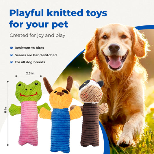 3 Piece Dog Toy Set — Stuffed Animals Chew Toy, Pet Squeakers Toys for Dogs — Durable Puppy Plush Toy Medium, Small Breed Outdoor, Indoor Chewers Squeaky Toys for Puppies — Calf, Frog, Puppy