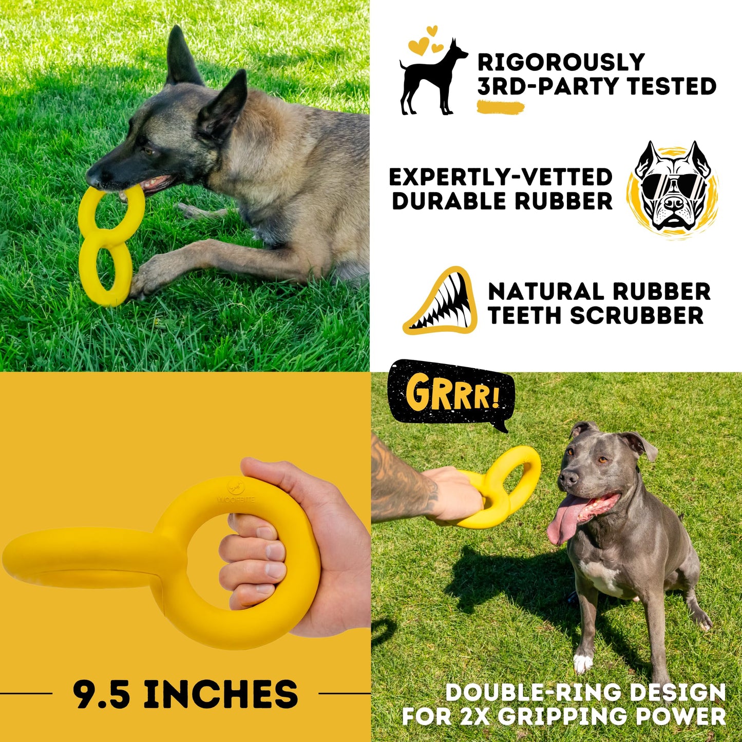 WoofBite Tug Rings – Indestructible Dog Toy for Aggressive Chewers – Durable Power Chewer Toy – Tough, Heavy Duty Natural Rubber – Safe & Non-Toxic Medium/Large Breed – 6.5in