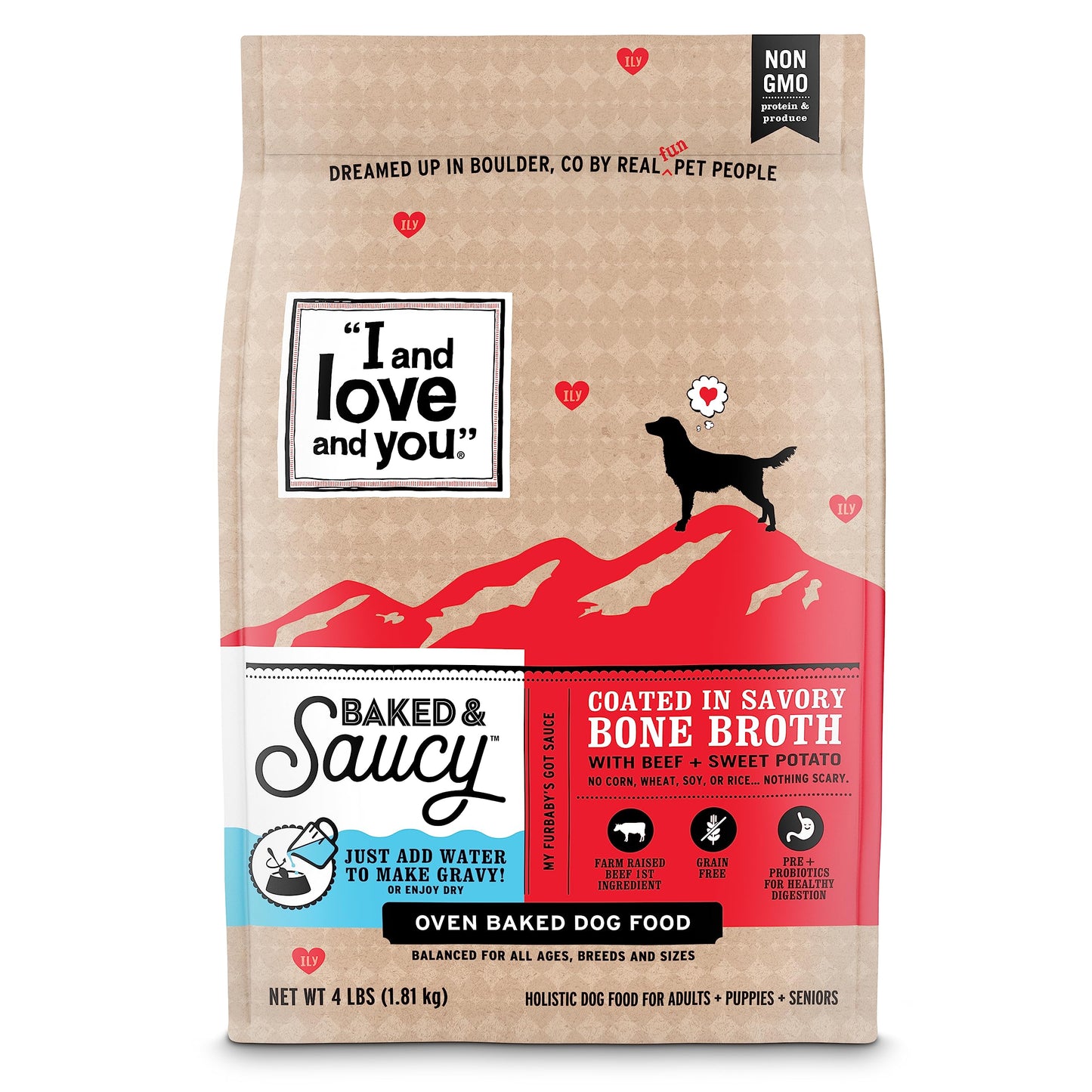 I AND LOVE AND YOU Baked and Saucy Dry Dog Food - Beef + Sweet Potato - Prebiotic + Probiotic, Real Meat, Grain Free, No Fillers, 4lb Bag