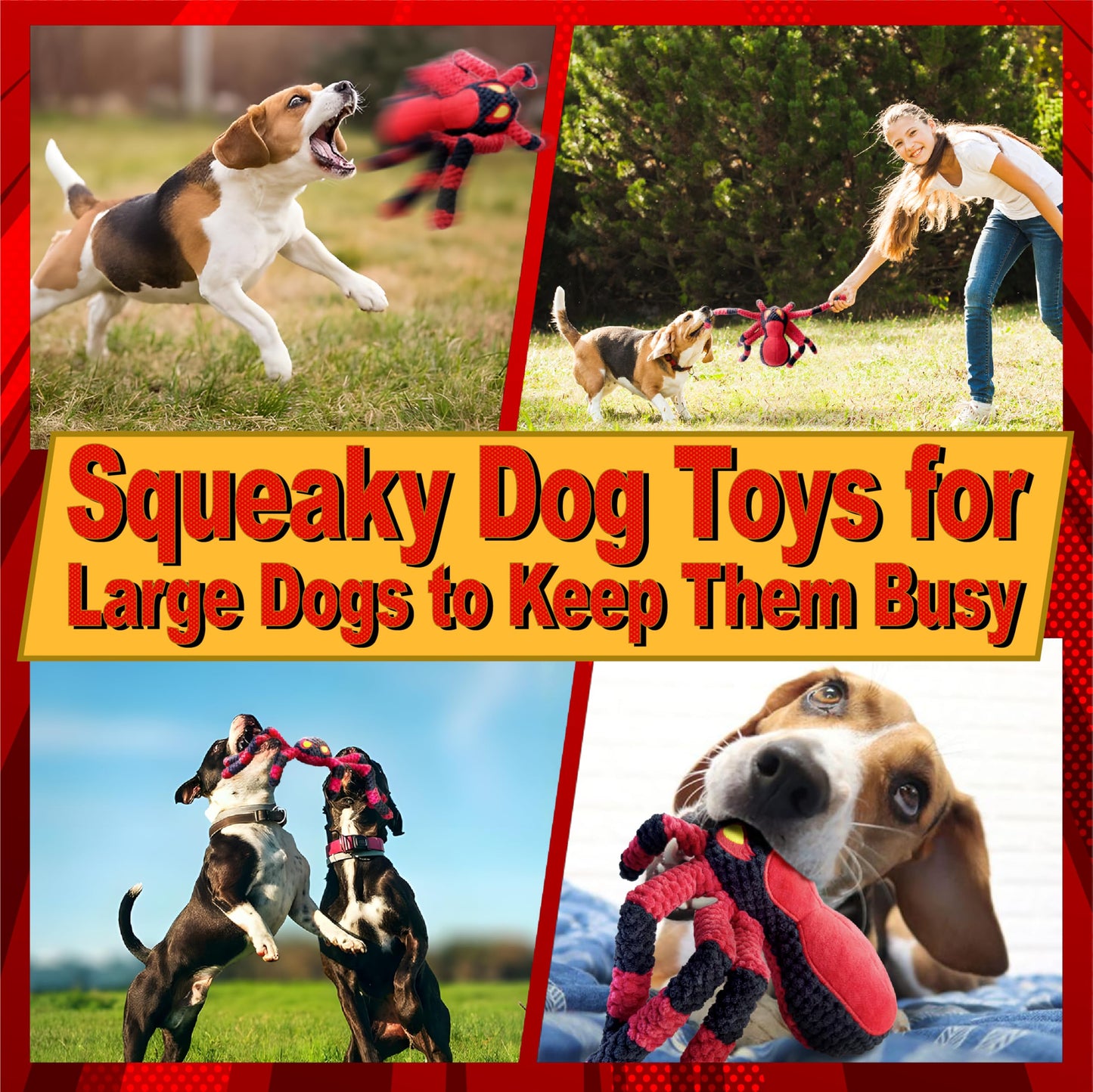 LEGEND SANDY Dog Toys for Large Dogs, Squeaky Dog Toys to Keep Them Busy, Interactive Dog Toy, Crinkle Tug of War Dog Toy (Red)