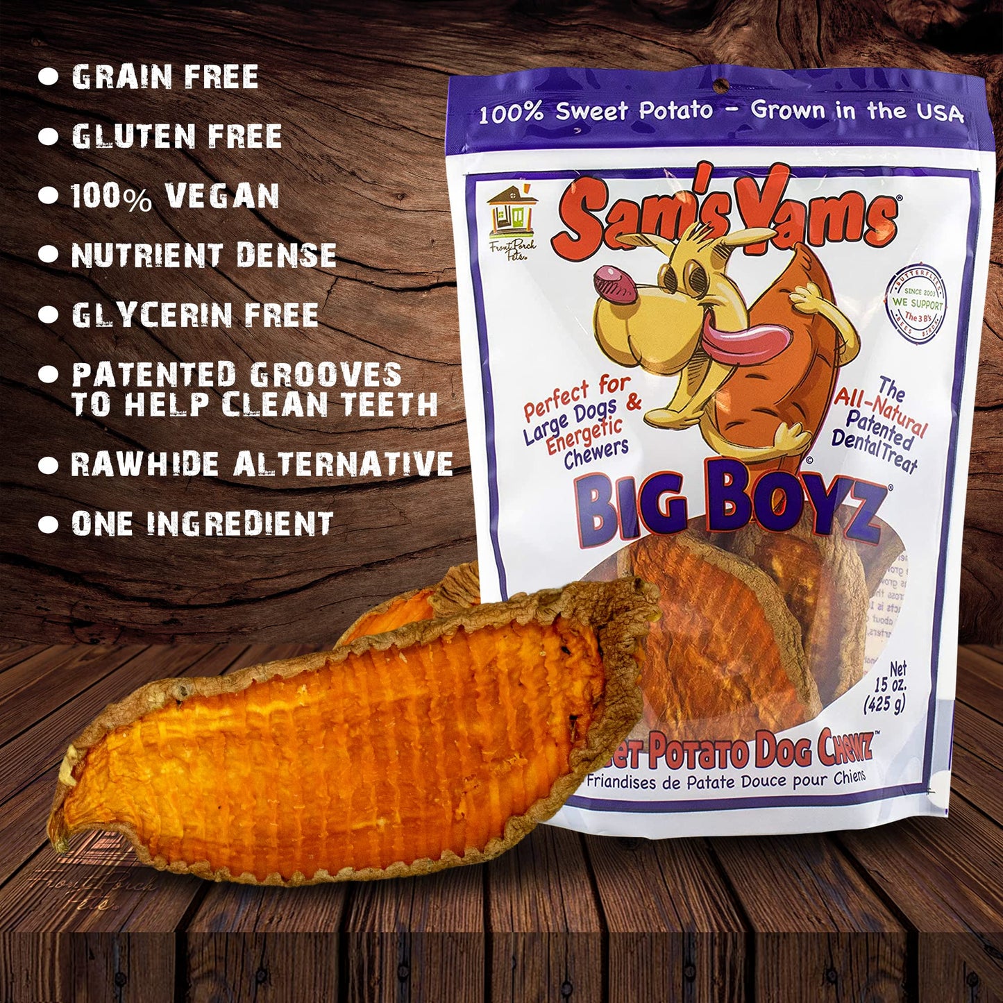 Sams Yams Sweet Potato Dog Treats, Healthy Dog Treats for Large Dogs - Sweet Potato Dog Treats Made in USA, High Fiber, Vegan Dental Chews - Big Boyz, Sweet Potato Dog Chewz, 15oz (Pack of 6)