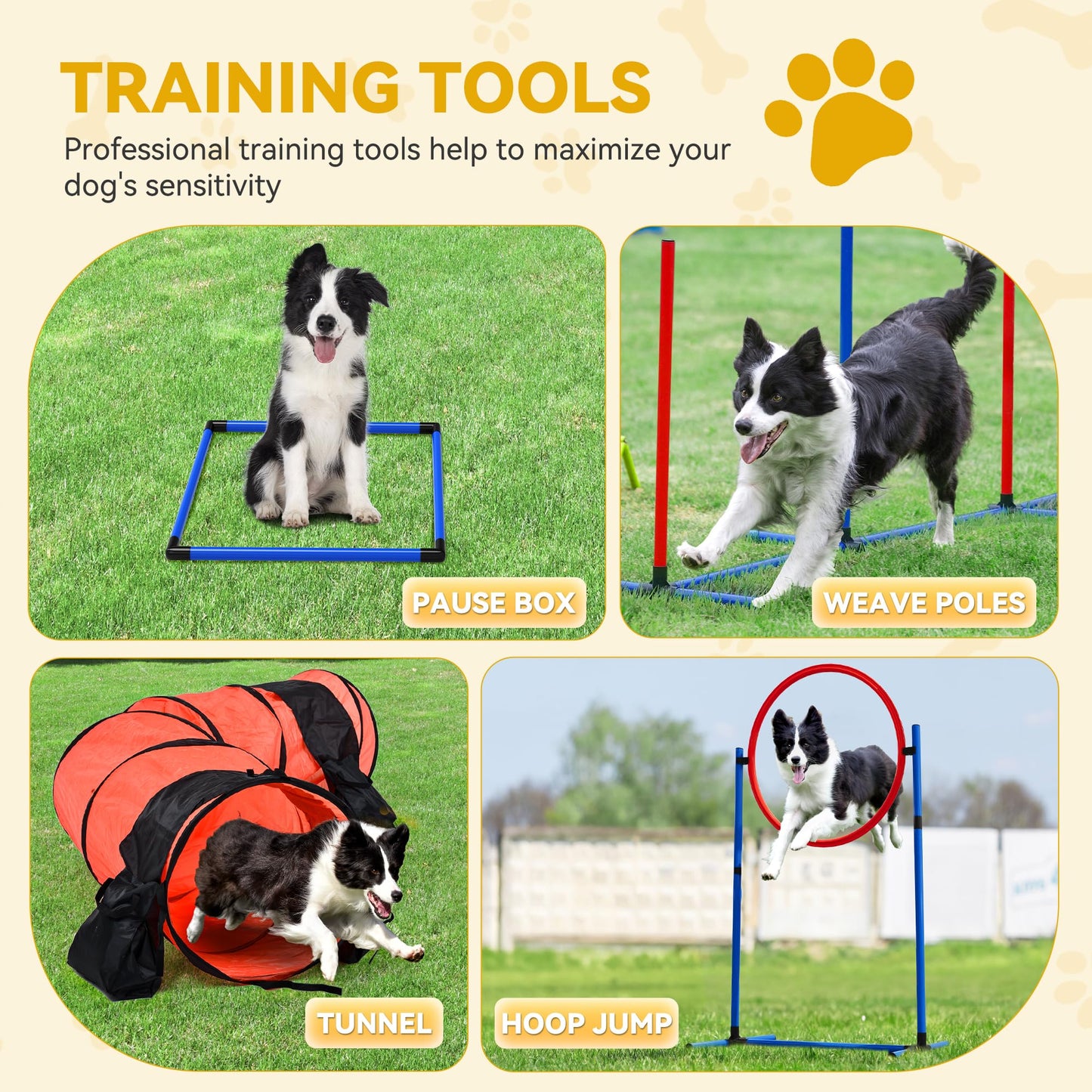 DWVO Dog Agility Accessories Kit: Comprises of a Teaser Pole, 3 Hurdles, 3 Flying Discs, 6 Weaving Poles, 2 Agility Tunnels, Pause Box, Full Set of Agility Equipment for Backyard Indoors Outdoors
