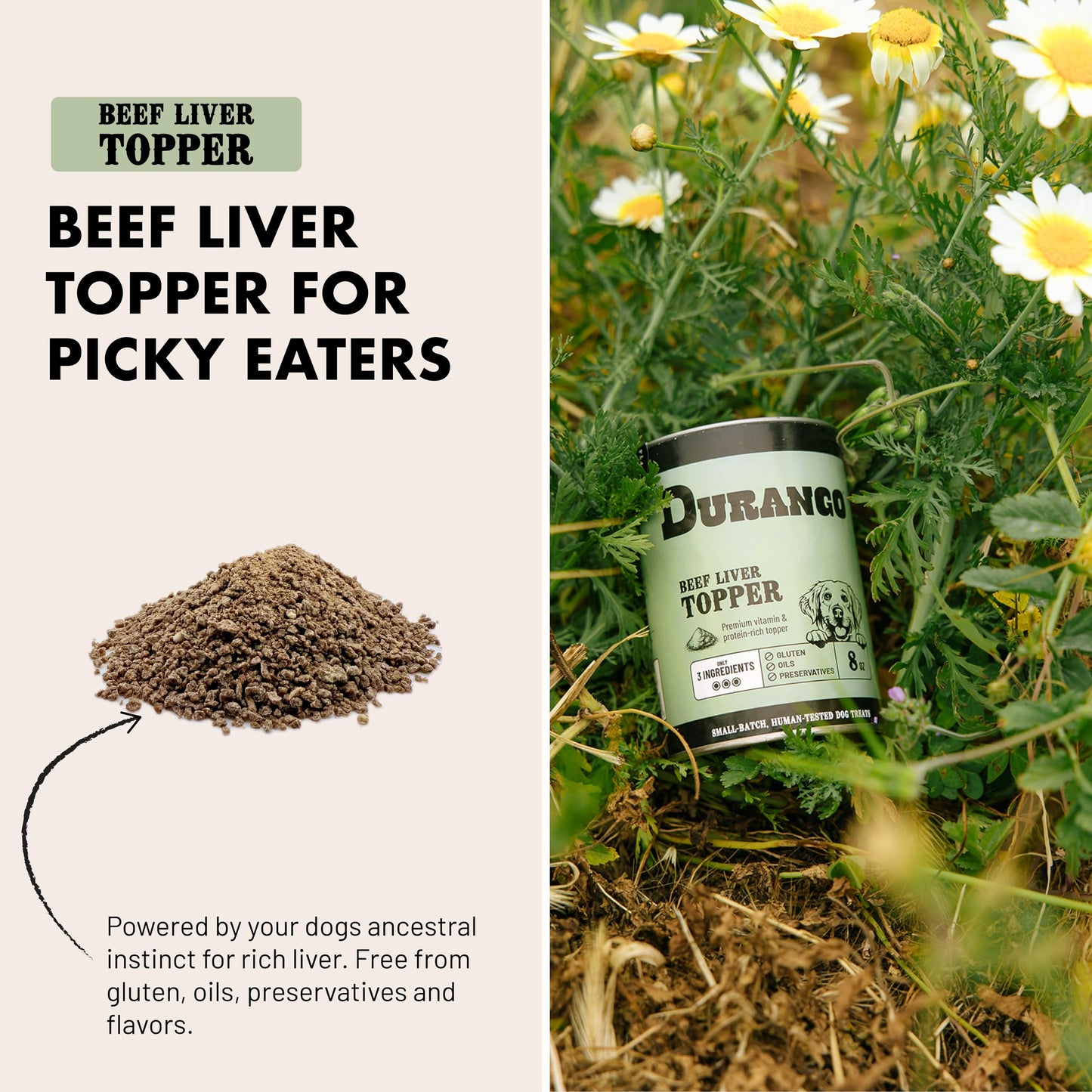 Durango High-Protein Dog Food Topper - Rich Beef Liver Meal Enhancer for Picky Eaters - Limited Ingredient Kibble Booster - 8 oz Tin - Made in USA - Plastic-Free - Easy to Scoop - 60 Servings