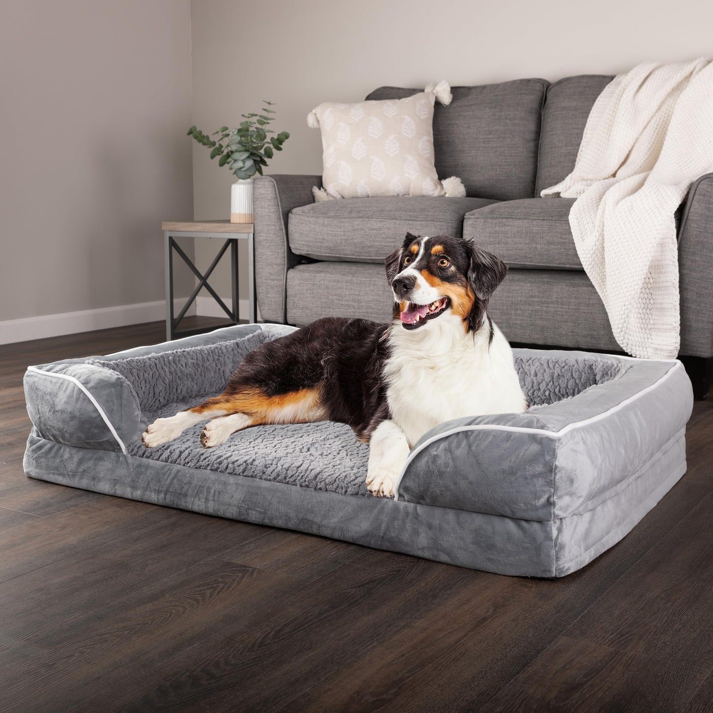 PETMAKER Orthopedic Dog Bed - 42in Dog Couch Bed with Supportive Wraparound Bolster and Removable Washable Cover - Egg-Crate Foam Extra Large Dog Bed for Pets up to 65lbs - Dog Products (Gray)