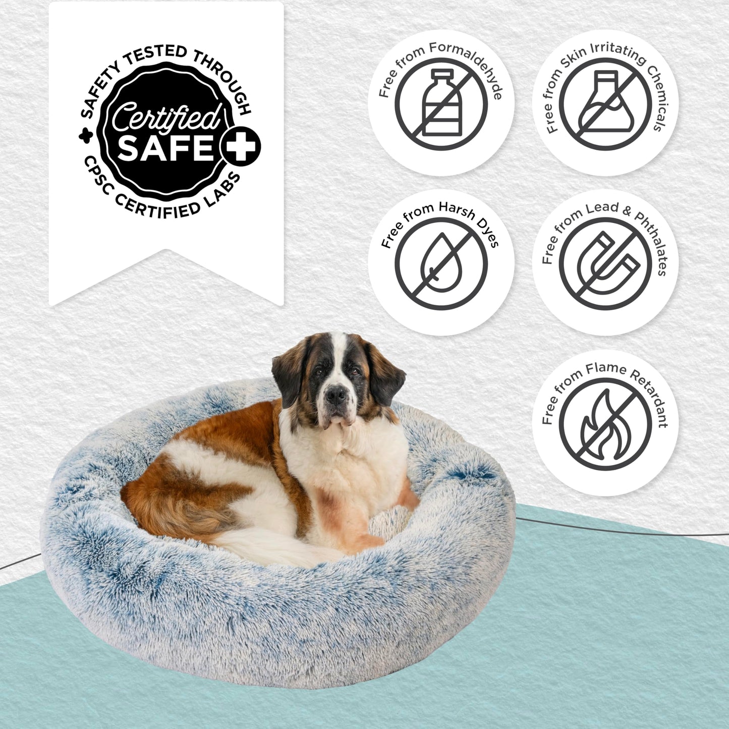 Best Friends by Sheri Original Calming Donut Dog and Cat Bed, Shag Faux Fur, Denim Blue, XL (45in x 45in) - Anxiety Relief for Pets Up to 150 lbs