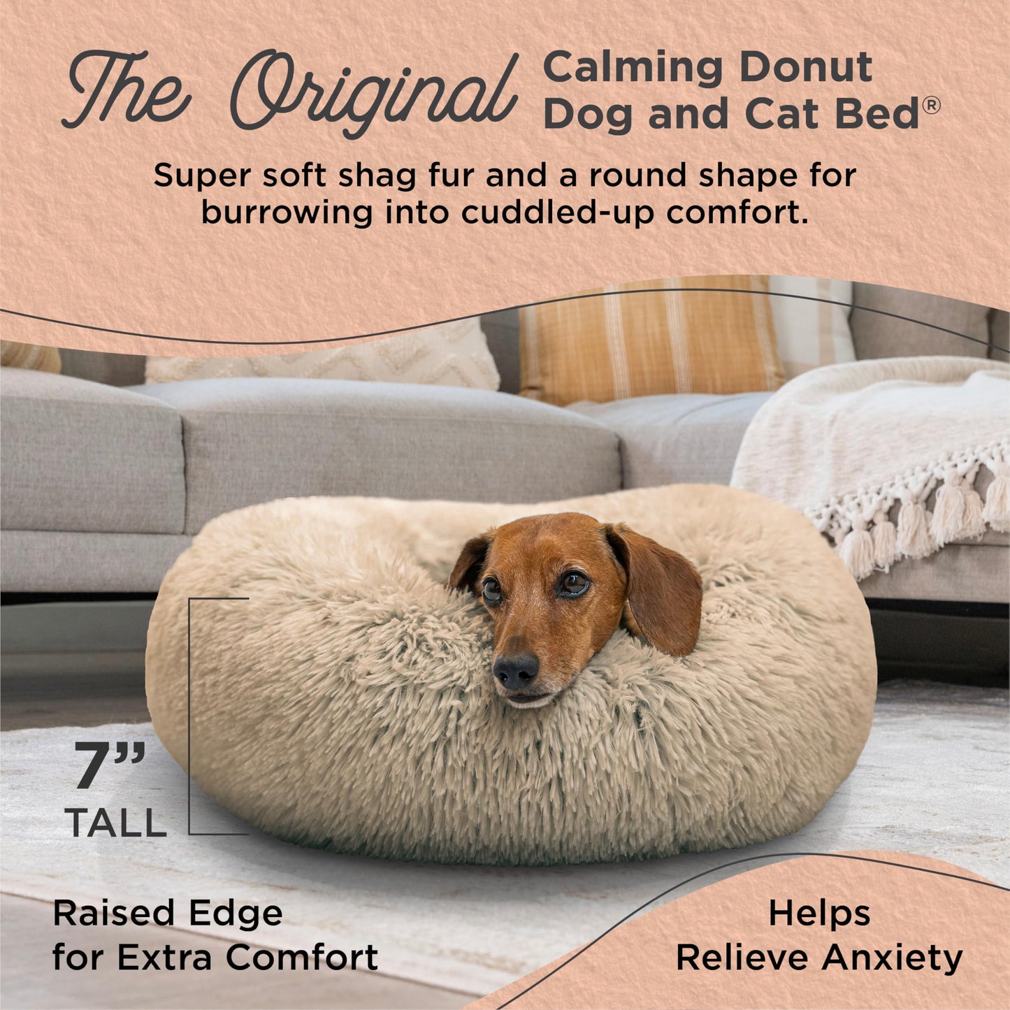 Best Friends by Sheri Original Calming Donut Dog and Cat Bed, Shag Faux Fur, Taupe, (23in x 23in) - Anxiety Relief for Pets Up to 25 lbs