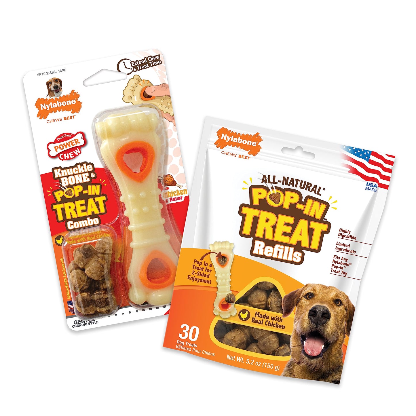 Nylabone Knuckle Bone Pop-in Treat Toy Power Chew Toy with 30 Refills, Interactive Treat Dispensing Enrichment Toys for Dogs, Long Lasting Chicken Flavor, Medium Dogs - Up to 35 lbs, 2 Pack