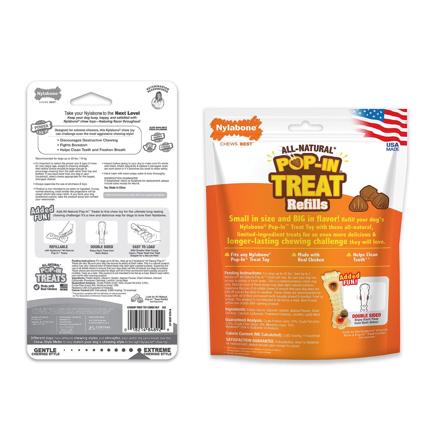Nylabone Knuckle Bone Pop-in Treat Toy Power Chew Toy with 30 Refills, Interactive Treat Dispensing Enrichment Toys for Dogs, Long Lasting Chicken Flavor, Medium Dogs - Up to 35 lbs, 2 Pack