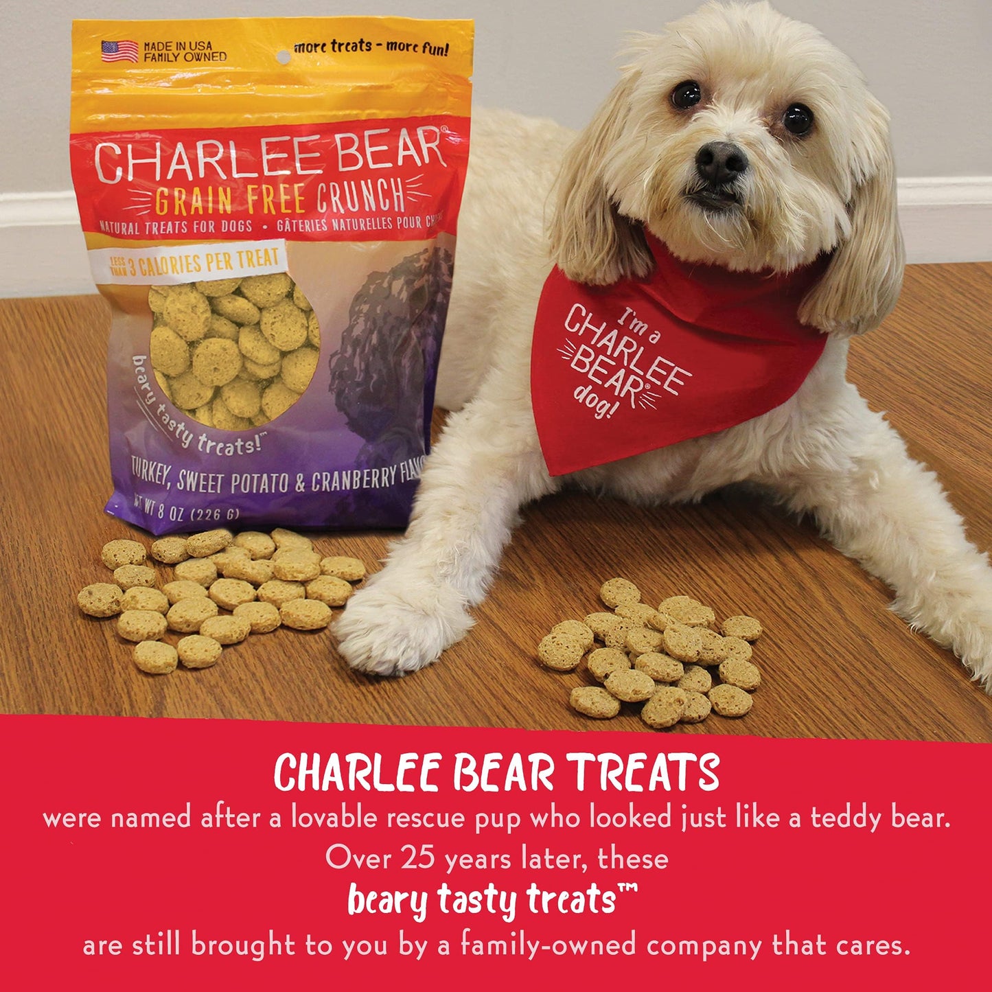 Charlee Bear Grain Free Crunch Turkey, Sweet Potato & Cranberry Dog Treats, 8 oz (2-pack) - Made in the USA, Natural Training Treats for Dogs