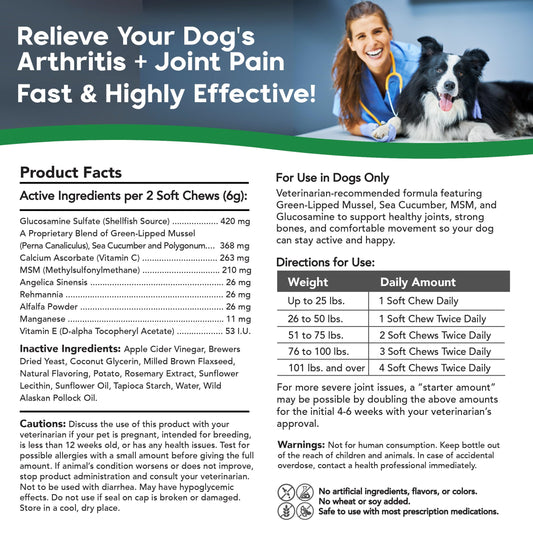 VetSmart Formulas Critical Joint Relief Soft Chew for Dogs – Hip & Joint Supplement with Glucosamine, MSM, Green-Lipped Mussel – Joint Discomfort, Hip Dysplasia & Mobility Support, Made in USA