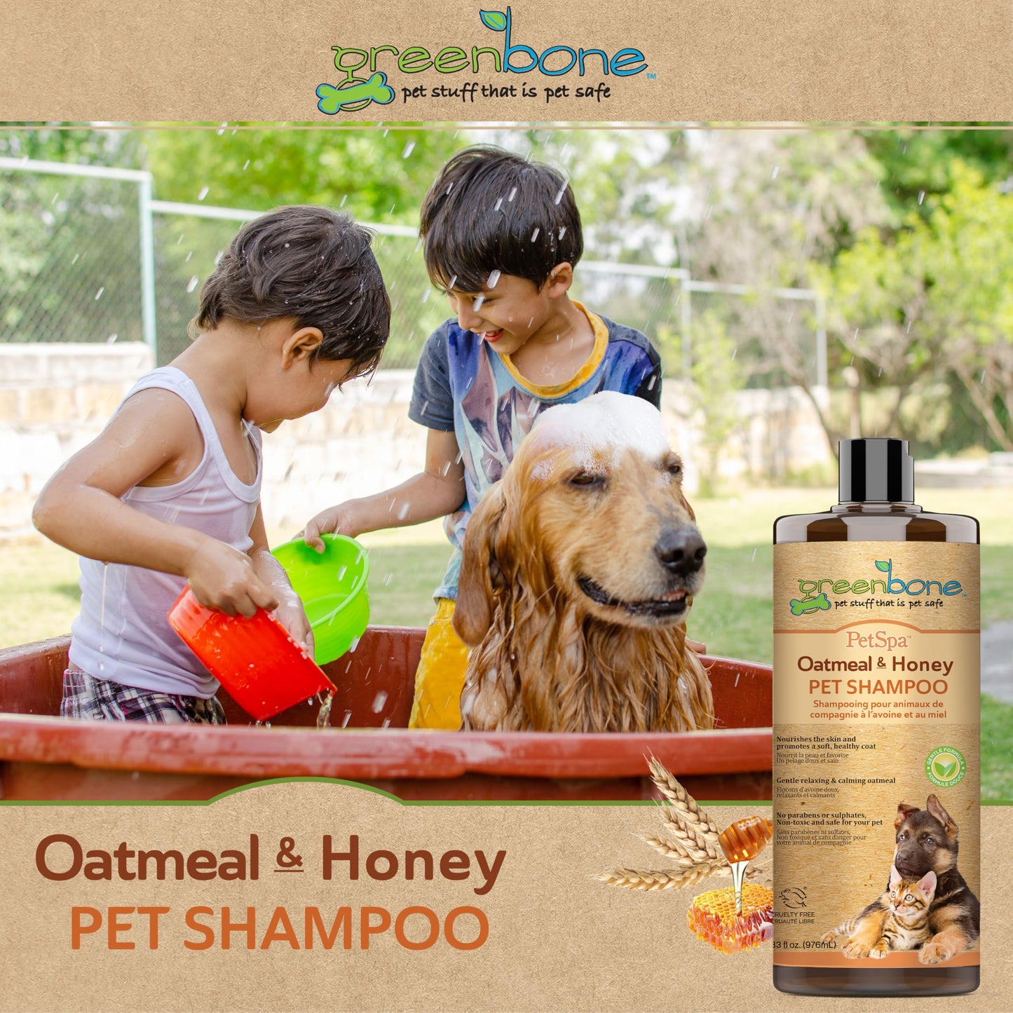 Greenbone Pet Spa Oatmeal & Honey Dog Shampoo - Calming, Soothing, Gentle Grooming Solution, 33 fl oz, Safe & Natural Formula