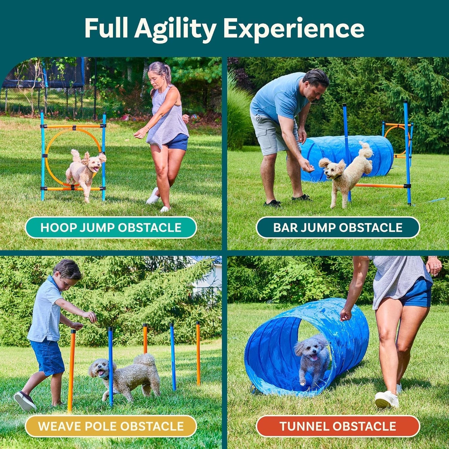 PetCove Dog Agility Set - Backyard Obstacle Course with Jumps, Tunnel and Training Equipment - Dog Agility Course Backyard Set - Assembles in Minutes - Includes Carrying Bags for Transport & Storage