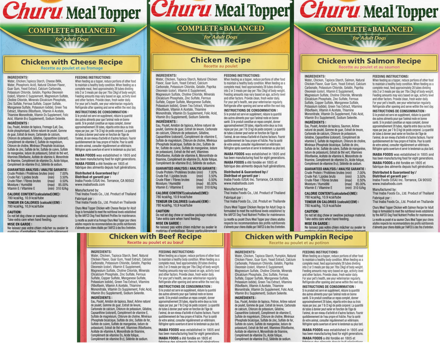 INABA Churu Meal Topper for Dogs, Complete & Balanced, Creamy, Lickable Purée Dog Food Topper, 0.5 Ounce Tube, 20 Tubes (4 per Pack), 5 Flavor Variety