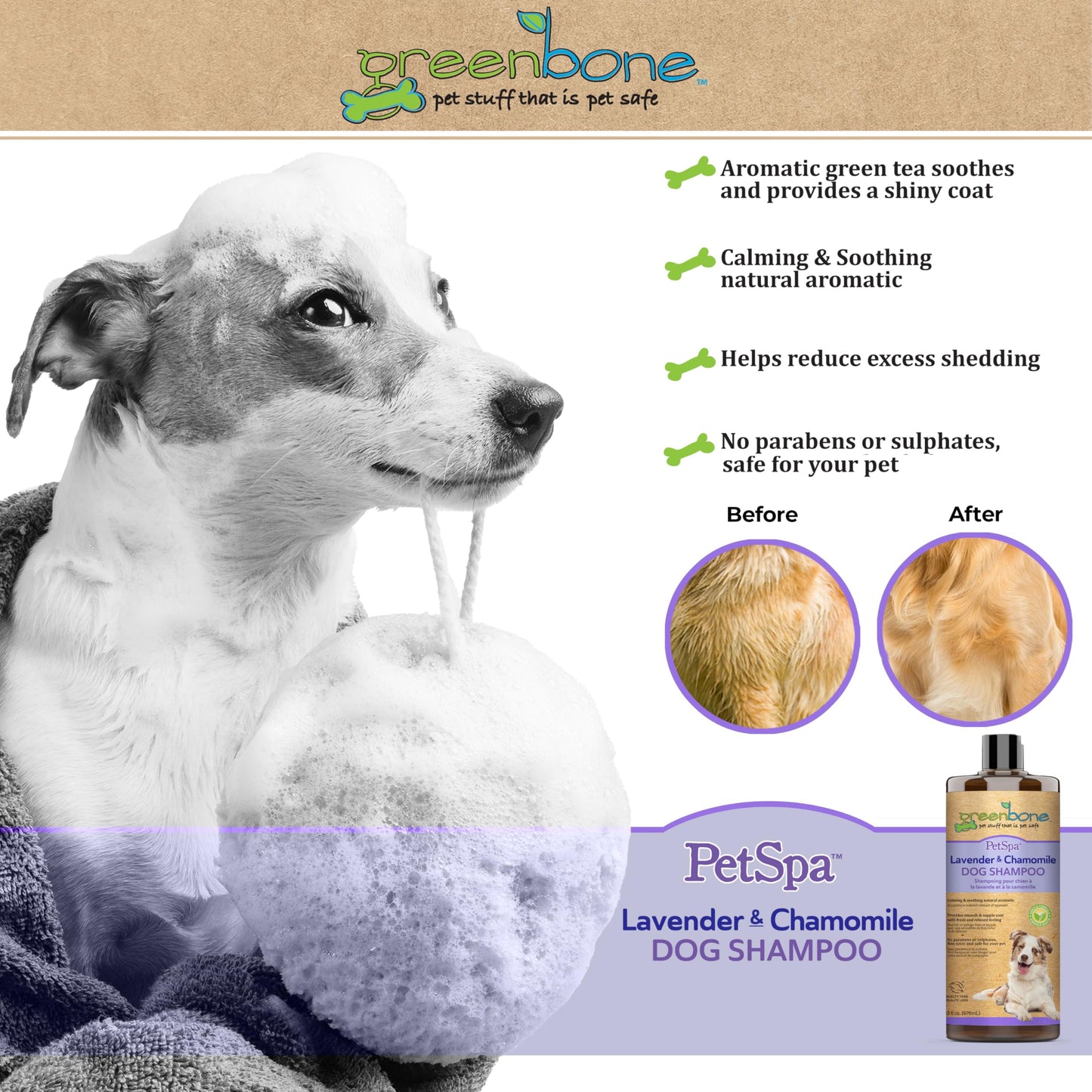 Greenbone Pet Spa Lavender & Chamomile Dog Shampoo - Calming, Soothing, Gentle Grooming Solution, 33 fl oz, Safe & Natural Formula