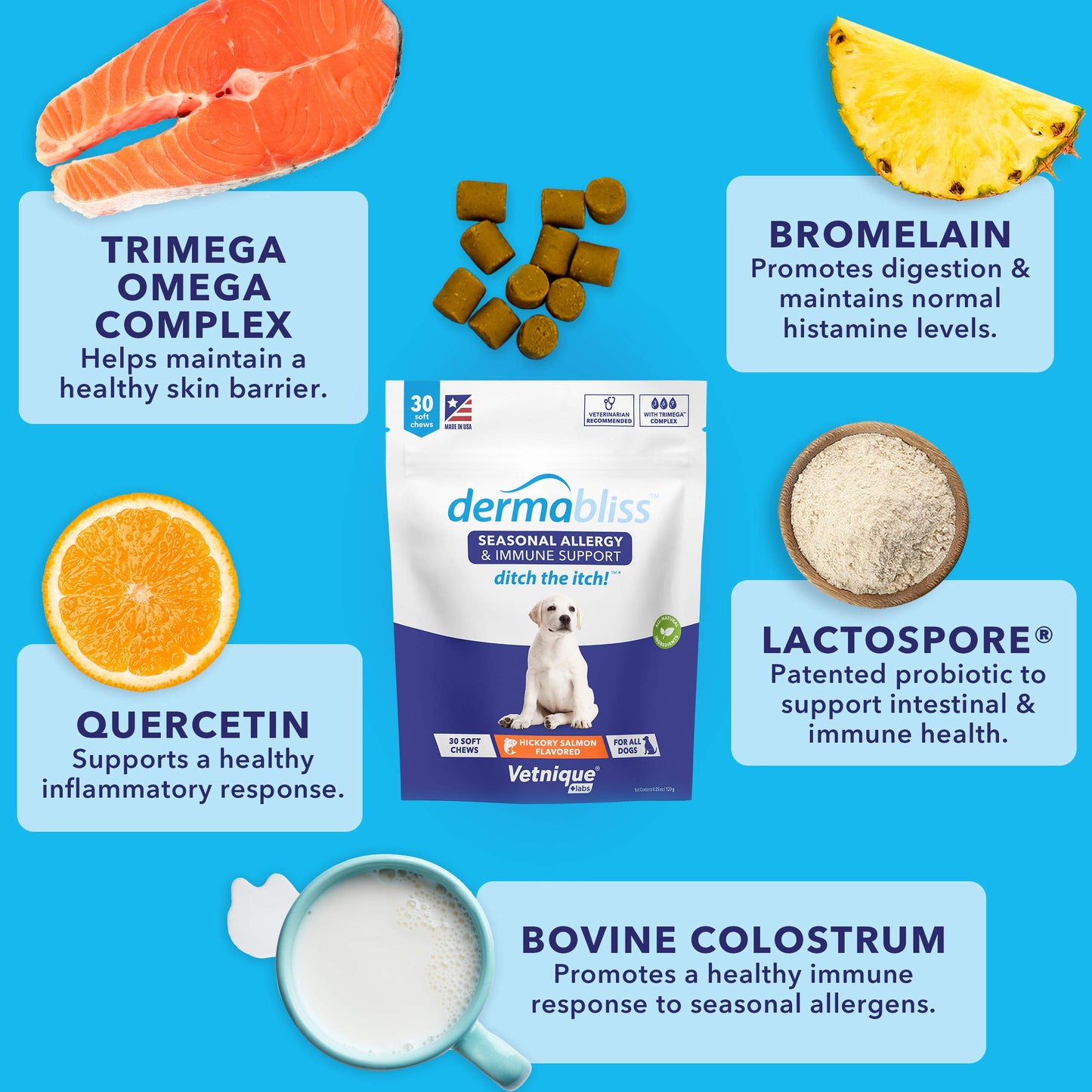 Vetnique Labs Dermabliss Allergy Chews 30 Ct and Glandex Anal Gland Support Chews 60 Ct Bundle Dog Vitamins & Supplements, Anal Gland Dog Treats with Probiotics, Dog Allergies Skin Treatment Soft Chew