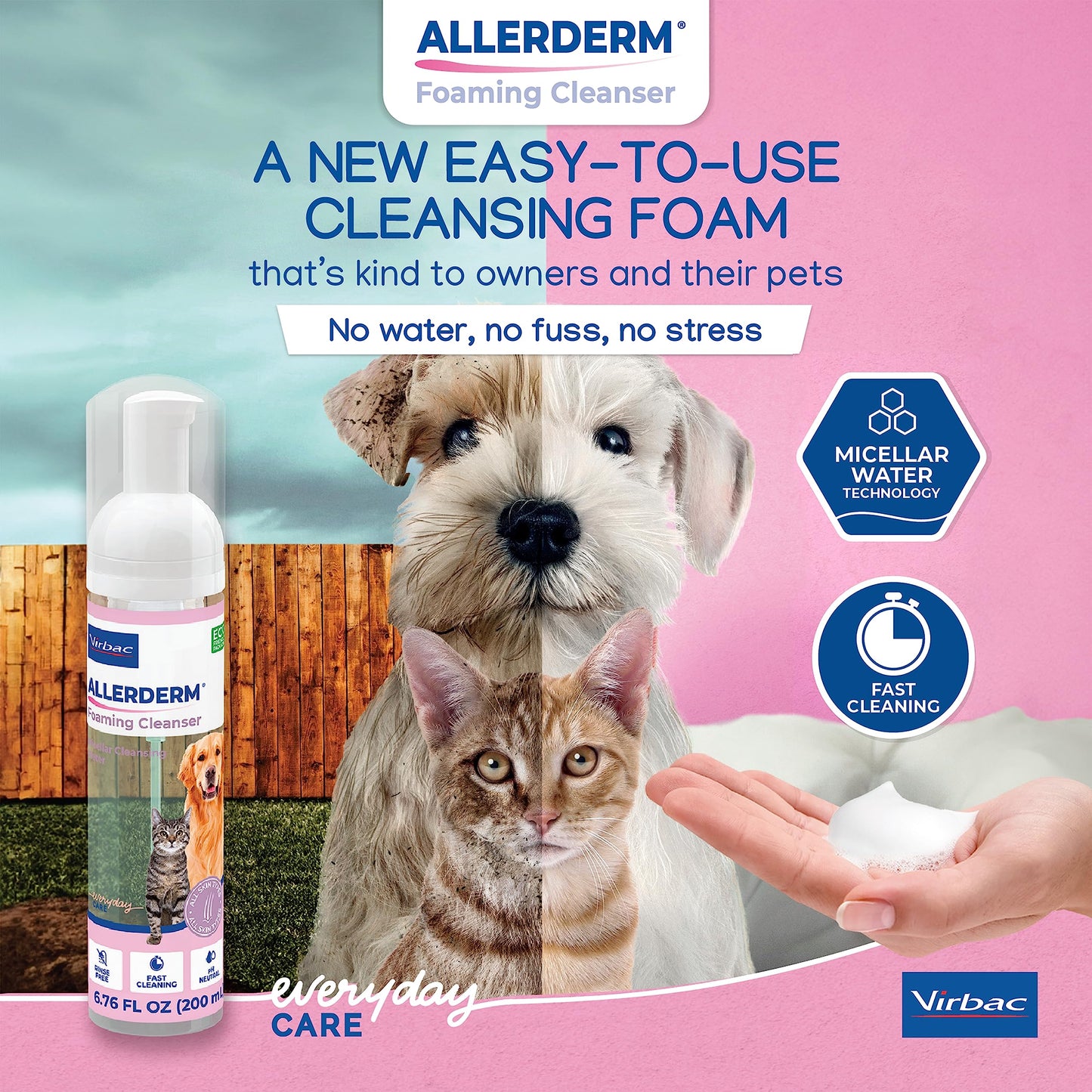 ALLERDERM Foaming Cleanser- Rinse-Free Waterless Micellar Foam for Dogs and Cats with Sensitive Skin by Virbac