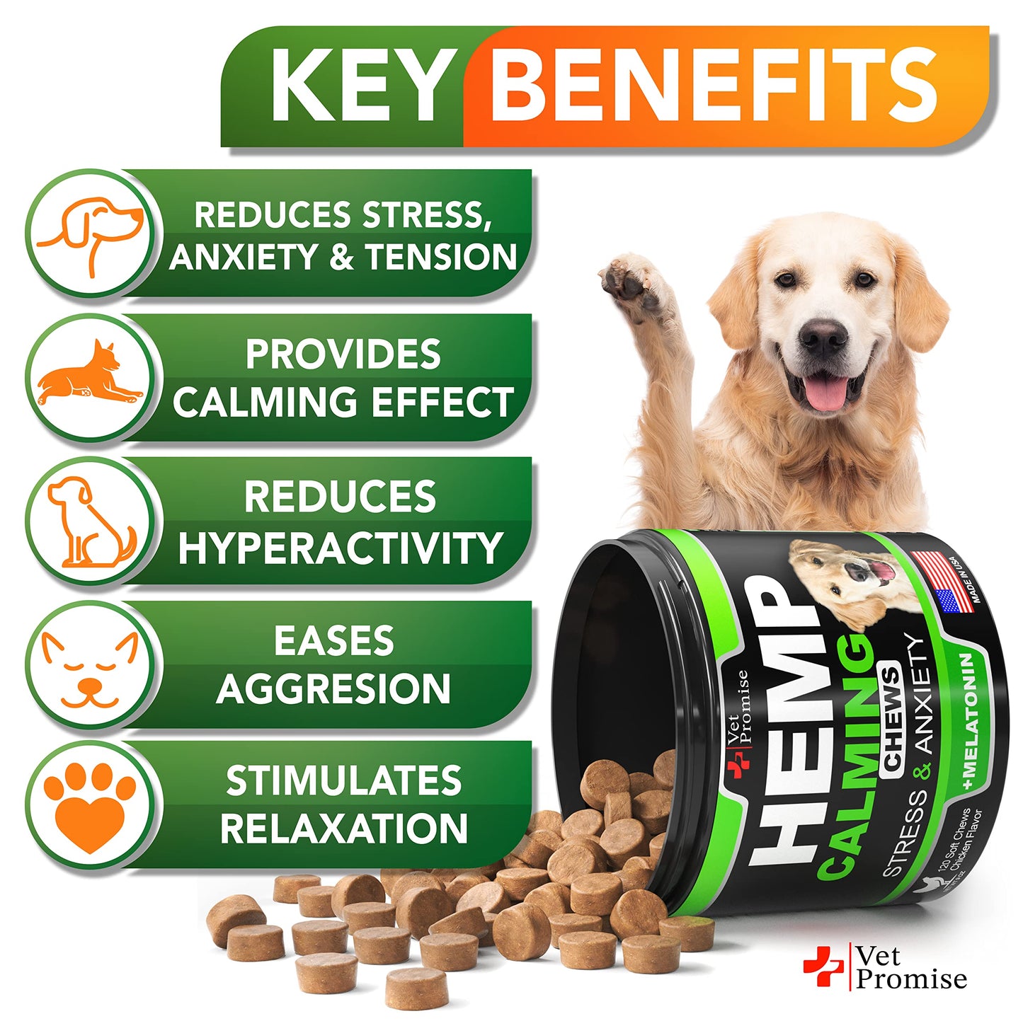 Hemp Calming Chews for Dogs with Anxiety and Stress - Dog Calming Treats - Anxiety Relief - Separation - Travel - Barking - Melatonin - Hemp Oil - 120 Soft Treats - Made in USA