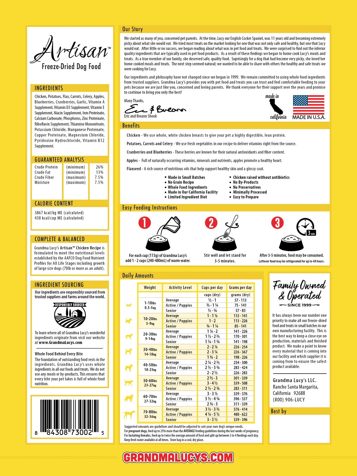 Grandma Lucy's Artisan Dog Food, Grain Free and Freeze-Dried - Artisan Chicken, 1Lb Bag