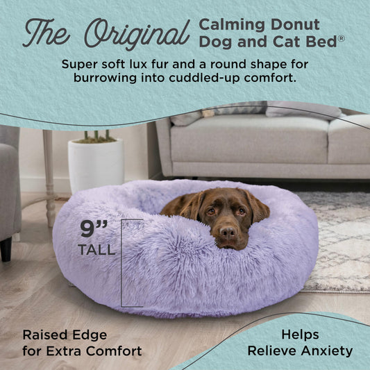 Best Friends by Sheri Original Calming Donut Dog and Cat Bed, Shag Faux Fur, Lavender, (36in x 36in) - Anxiety Relief for Pets Up to 100 lbs