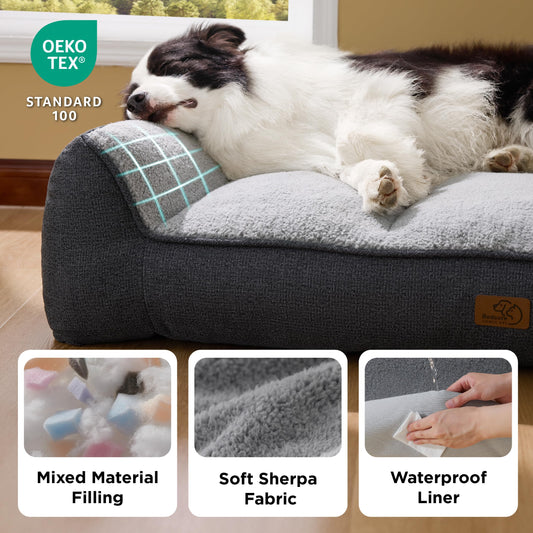 Bedsure XL Orthopedic Dog Beds Large Sized Dog - Extra Thick Supportive Dogs Couch with Waterproof Washable Cover, Extra Large Comfort Pet Bed Sofa with Soft Plush Sherpa and Nonskid Bottom, Grey, 42"