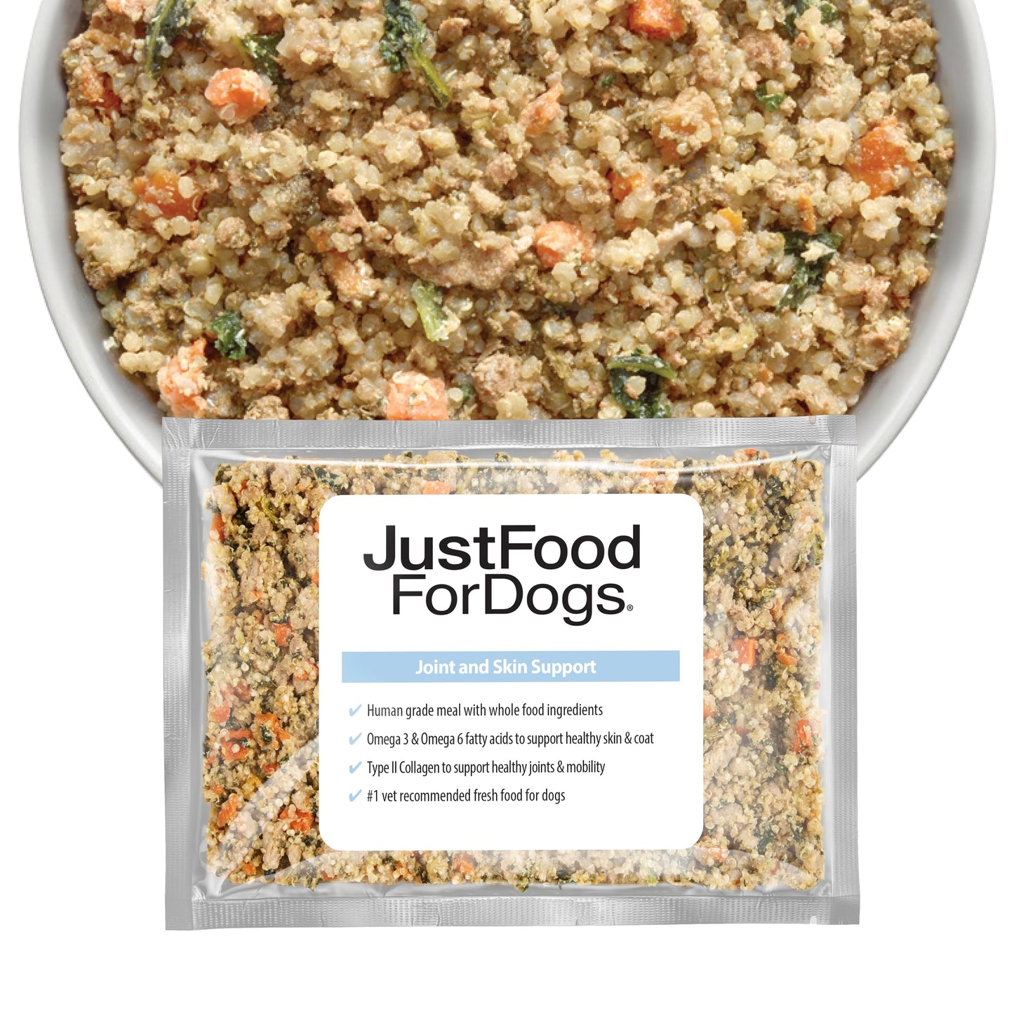 JustFoodForDogs Frozen Fresh Dog Food for Sensitive Skin Allergies, Joint Health, Complete Meal or Human Grade Dog Food Topper, Joint & Skin Support, 18 oz (Pack of 7)
