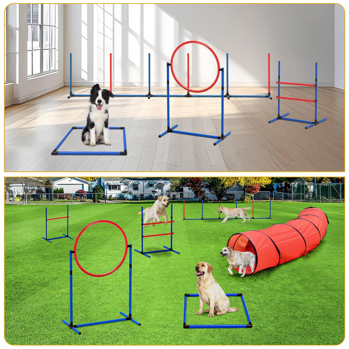 DWVO Dog Agility Accessories Kit: Comprises of a Teaser Pole, 2 Hurdles, 3 Flying Discs, 6 Weaving Poles, Agility Tunnel, Pause Box, Full Set of Agility Equipment for Backyard Indoors Outdoors