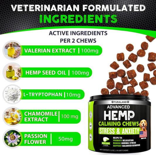 Hemp Calming Chews for Dogs - 170 Dog Calming Chews - Anxiety Relief Treats with Melatonin - Natural Aid for Stress, Separation, Fireworks, Thunder, Barking, Sleep – Pet Supplement - Made in USA