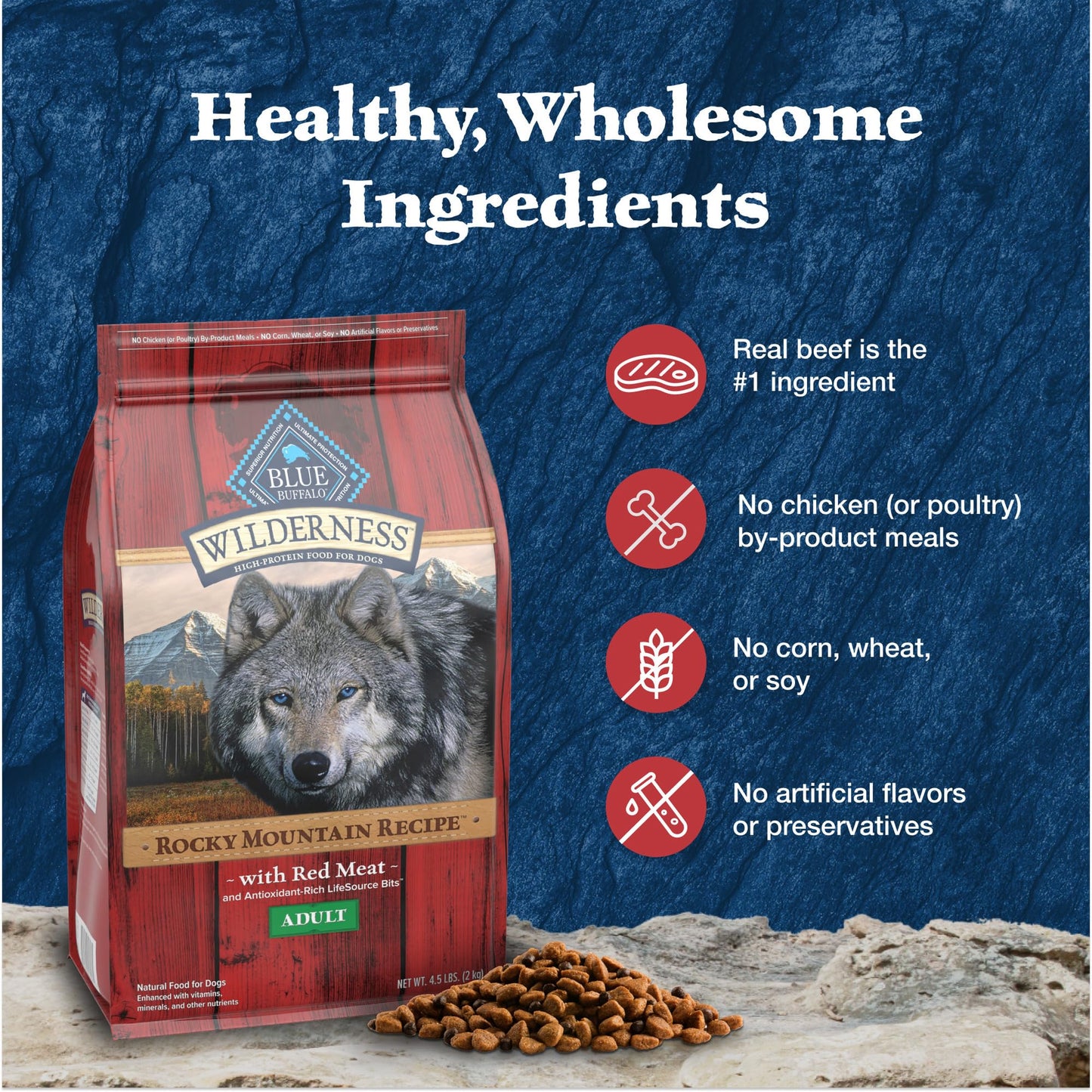 Blue Buffalo Wilderness Rocky Mountain High-Protein Adult Dry Dog Food Wholesome Grains Red Meat, 24lb. Bag