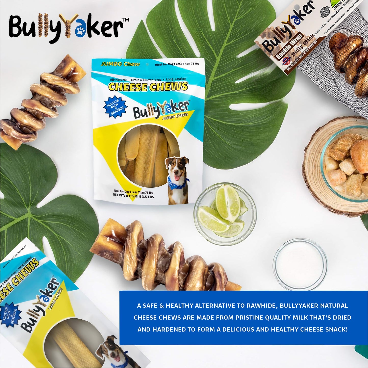 BULLYYAKER Cheese Chews: Himalayan Yak Cheese Dog Chews- Natural, Healthy & Long Lasting Dog Treats - Grain, Gluten & Lactose-Free Rawhide Alternatives, Small 3 Pack, 6 Oz