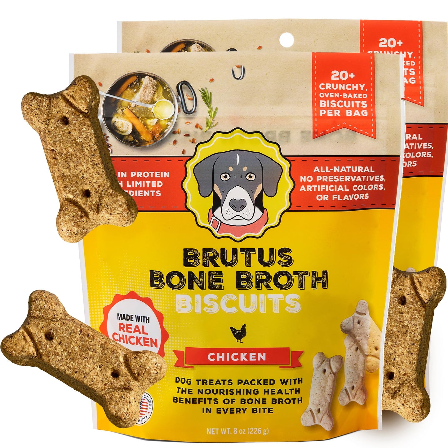Brutus Bone Broth Biscuits (Chicken) - Healthy Dog Treats - Natural Biscuits with Dog Bone Broth and Real Chicken Meat - 18 Grams of Protein - 8 OZ (Pack of 2)
