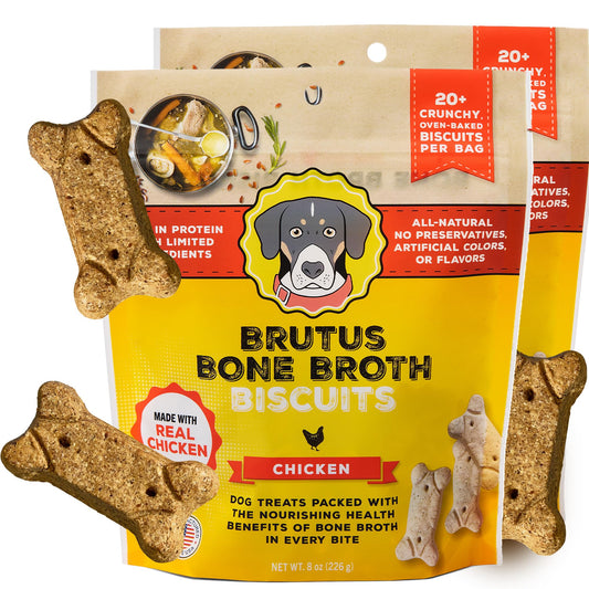 Brutus Bone Broth Biscuits (Chicken) - Healthy Dog Treats - Natural Biscuits with Dog Bone Broth and Real Chicken Meat - 18 Grams of Protein - 8 OZ (Pack of 2)
