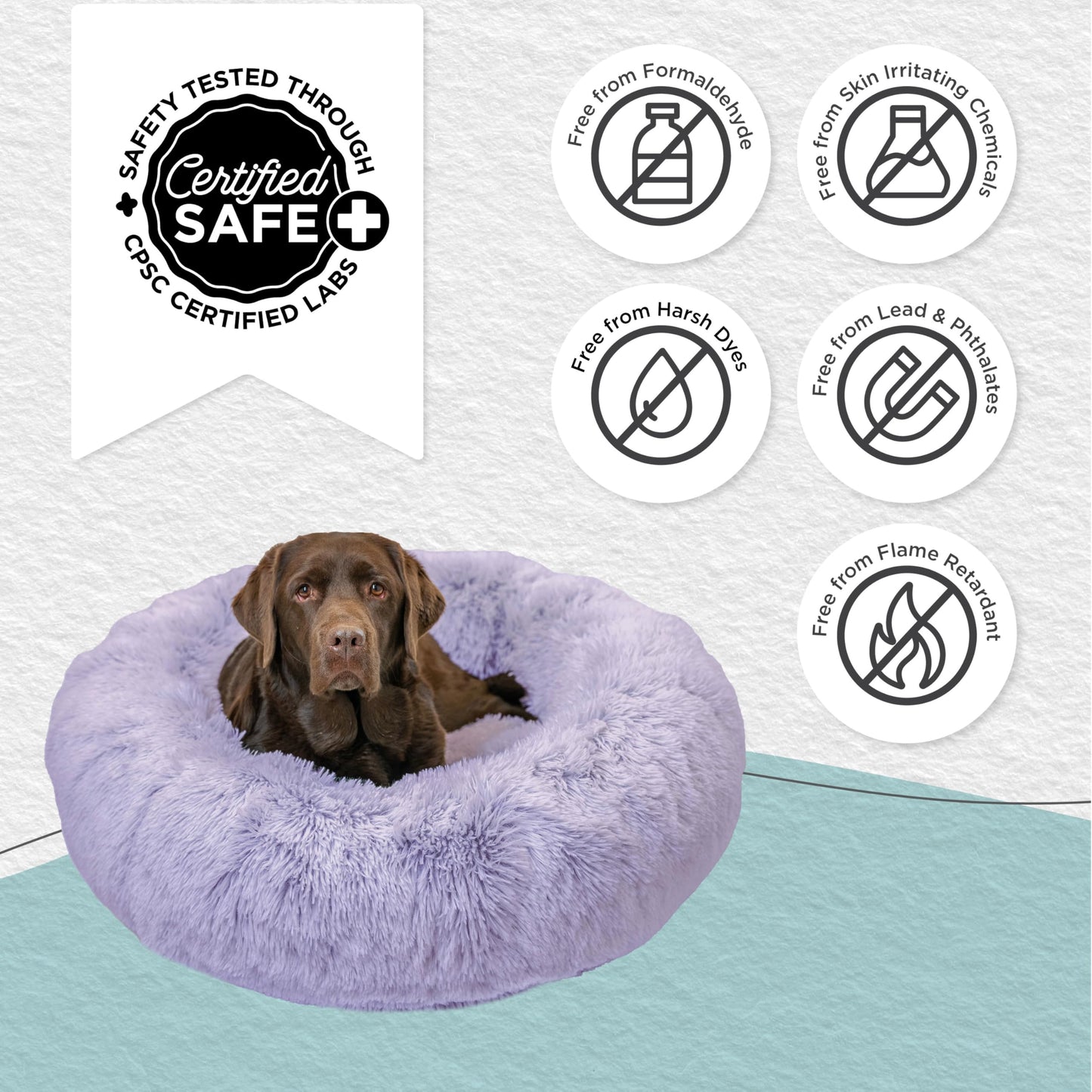 Best Friends by Sheri Original Calming Donut Dog and Cat Bed, Shag Faux Fur, Lavender, (36in x 36in) - Anxiety Relief for Pets Up to 100 lbs