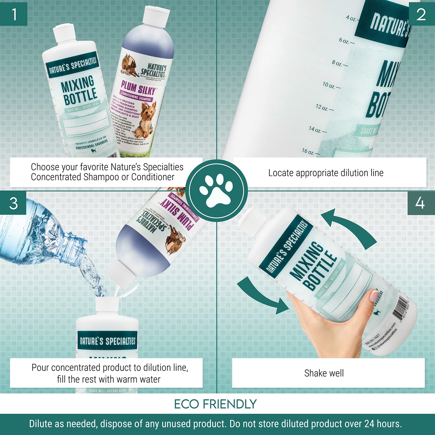 Nature's Specialties Mixing Bottle and Dog Shampoo Concentrate Bundle, Easy to Read Measurements Mixing Bottle 32 oz, Hypoallergenic Aloe Dog Shampoo Concentrate 32 oz