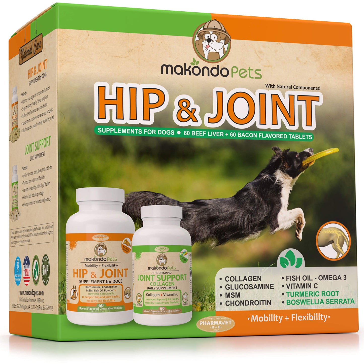 Hip and Joint Supplement for Dogs with Chondroitin, Collagen, Turmeric, Glucosamine and MSM - Dog Arthritis Supplement. Joint Supplement Large Breed and Small. (120 Tabs)