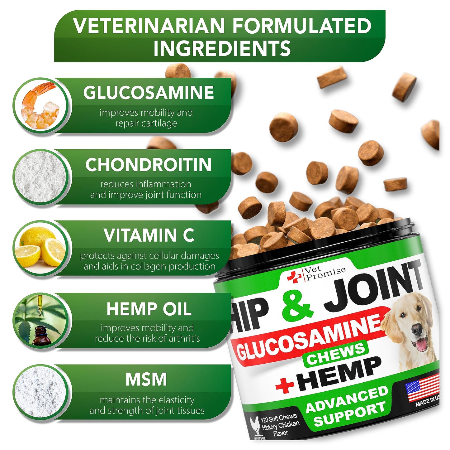 Vet Promise Hemp Hip and Joint Support Supplement for Dogs - Glucosamine for Dogs - Hemp Oil, MSM, Chondroitin - Support for Joint Pain Relief and Health - 120 Soft Chews - Made in USA