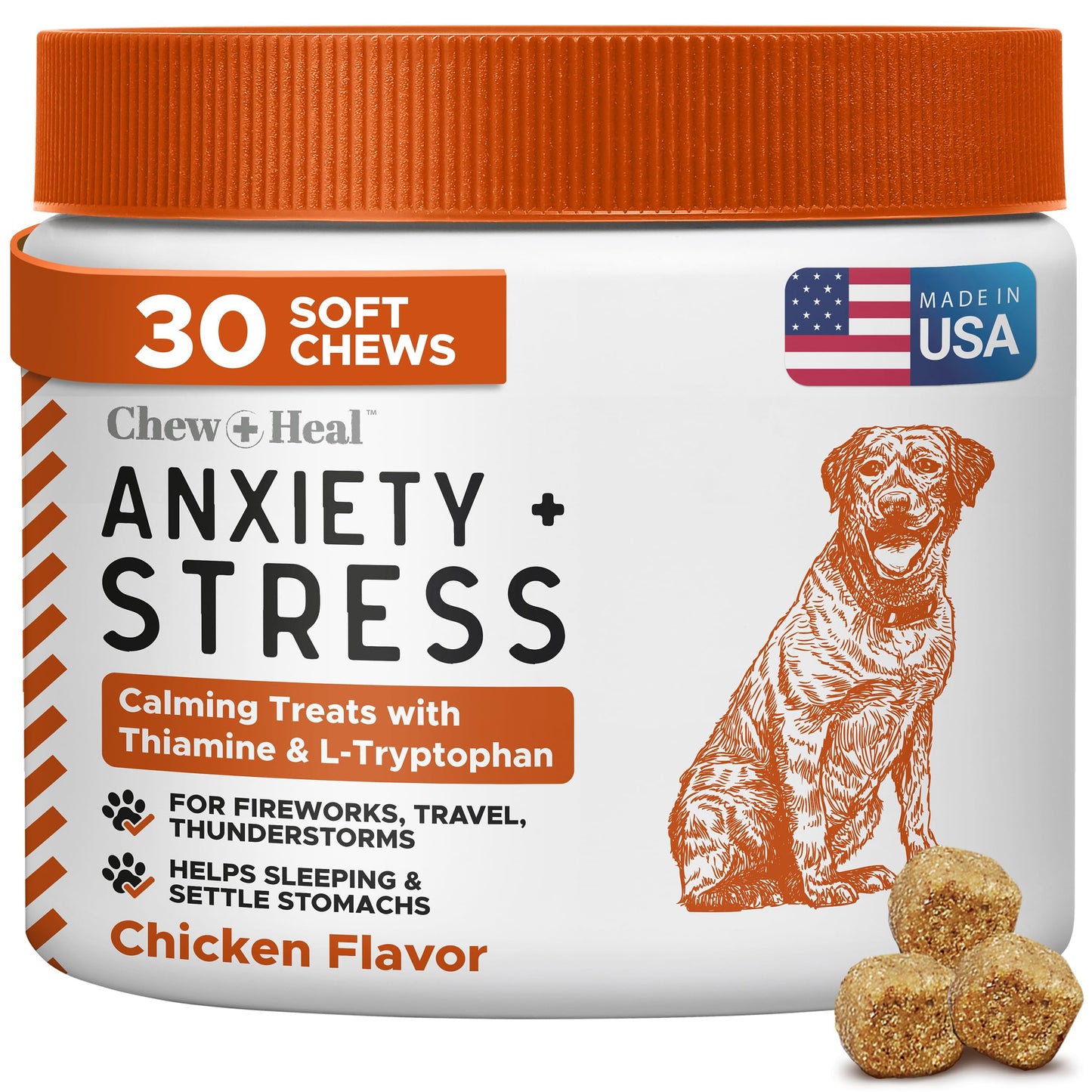 Calming Chews for Dogs - 30 Anxiety Relief Treats for Fireworks, Thunder, and Storms - Natural Dog Calming Treats for Large and Small Breeds with Thiamine, L-Tryptophan, Ginger, and Melatonin