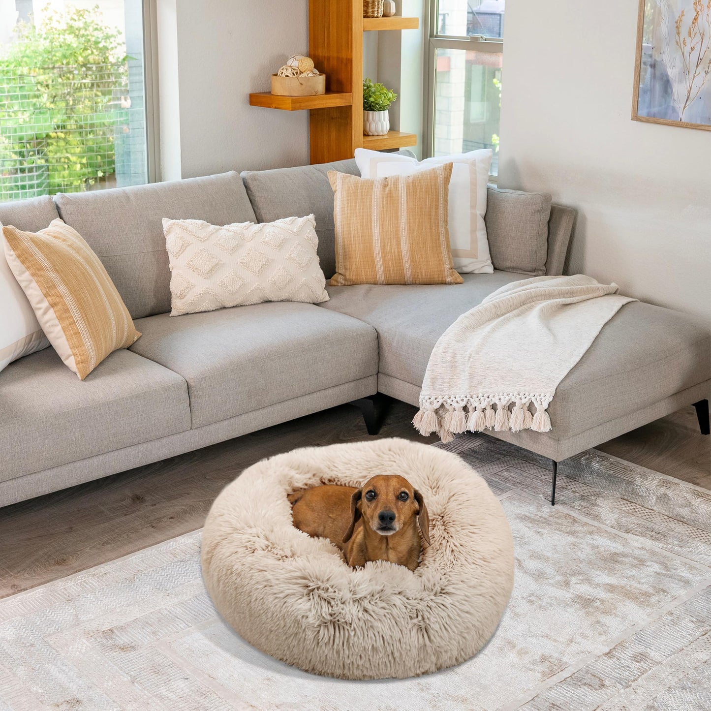 Best Friends by Sheri Original Calming Donut Dog and Cat Bed, Shag Faux Fur, Taupe, (23in x 23in) - Anxiety Relief for Pets Up to 25 lbs