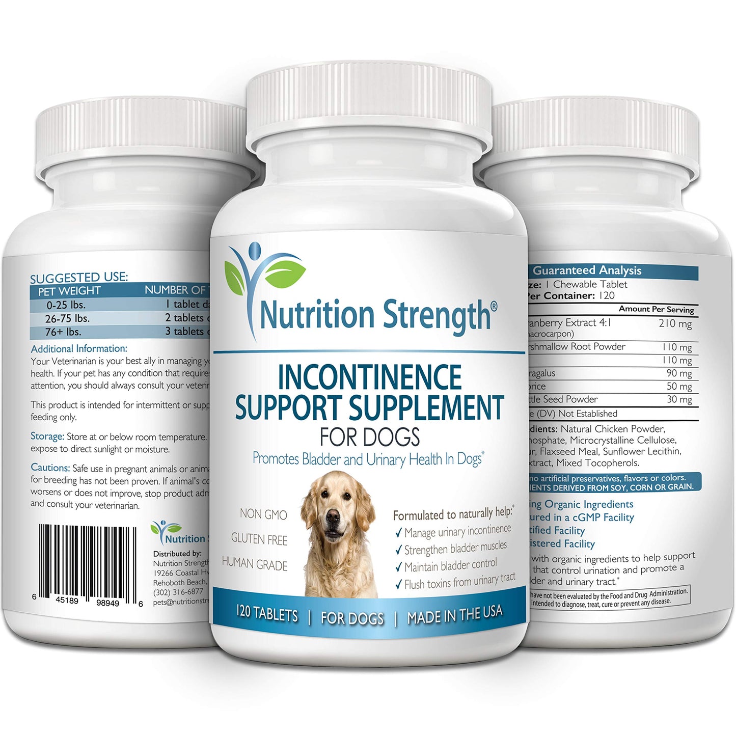 Nutrition Strength Dog Incontinence Support, Organic Support for Bladder Control, Bladder Health and for Dogs Leaking Urine, with Marshmallow, Astragalus & Licorice, 120 Chewable Tablets