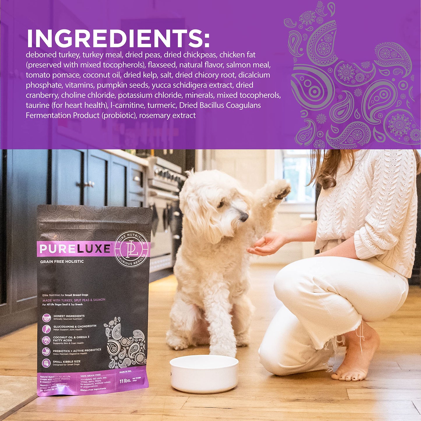 PURELUXE Grain and Gluten Free Dog Food, Turkey, Split Peas, and Salmon Elite Nutrition, for Small Breed Dogs at All Life Stages, Made in The USA, 4lbs