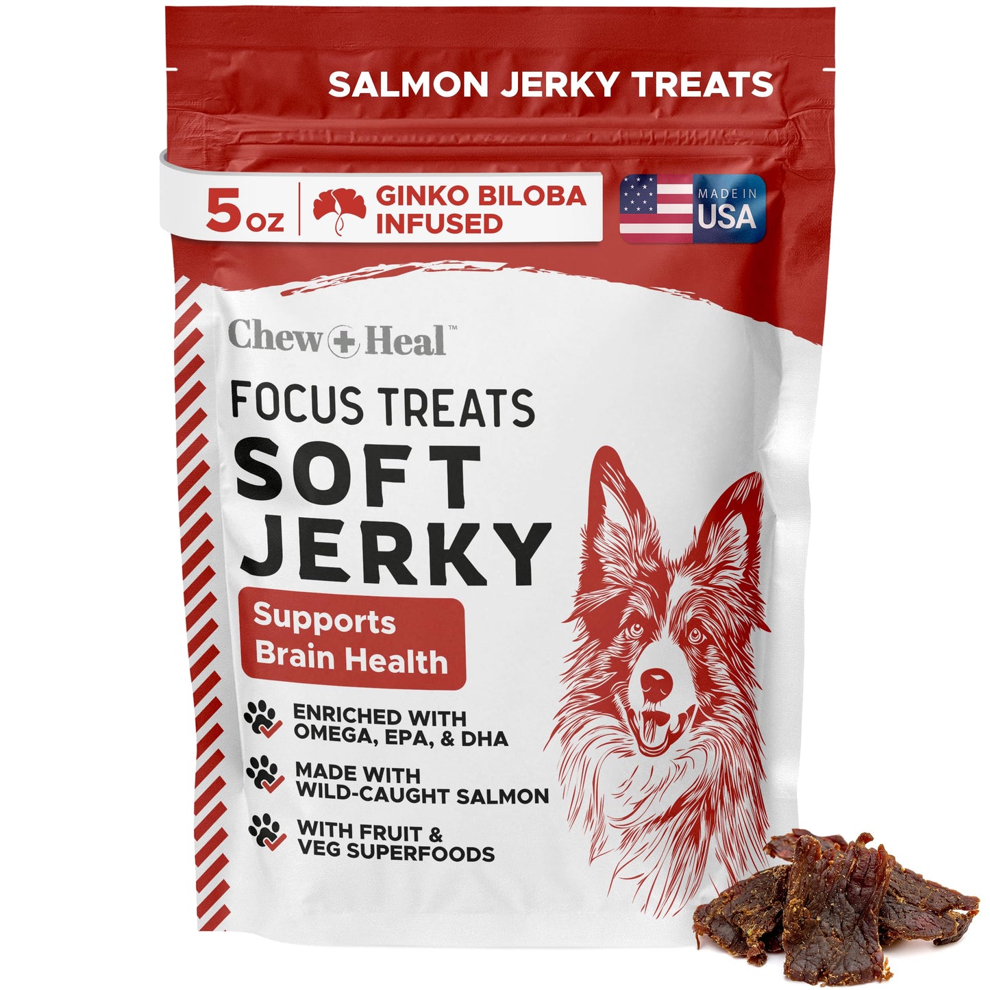 Chew + Heal Labs Dog Salmon Jerky Treats with Cognitive Support - 5 oz of Wild Caught Salmon Jerky Dog Treat - Made with Gingko Biloba, Blueberries, Cranberries, Pumpkin, and More - Made in The USA