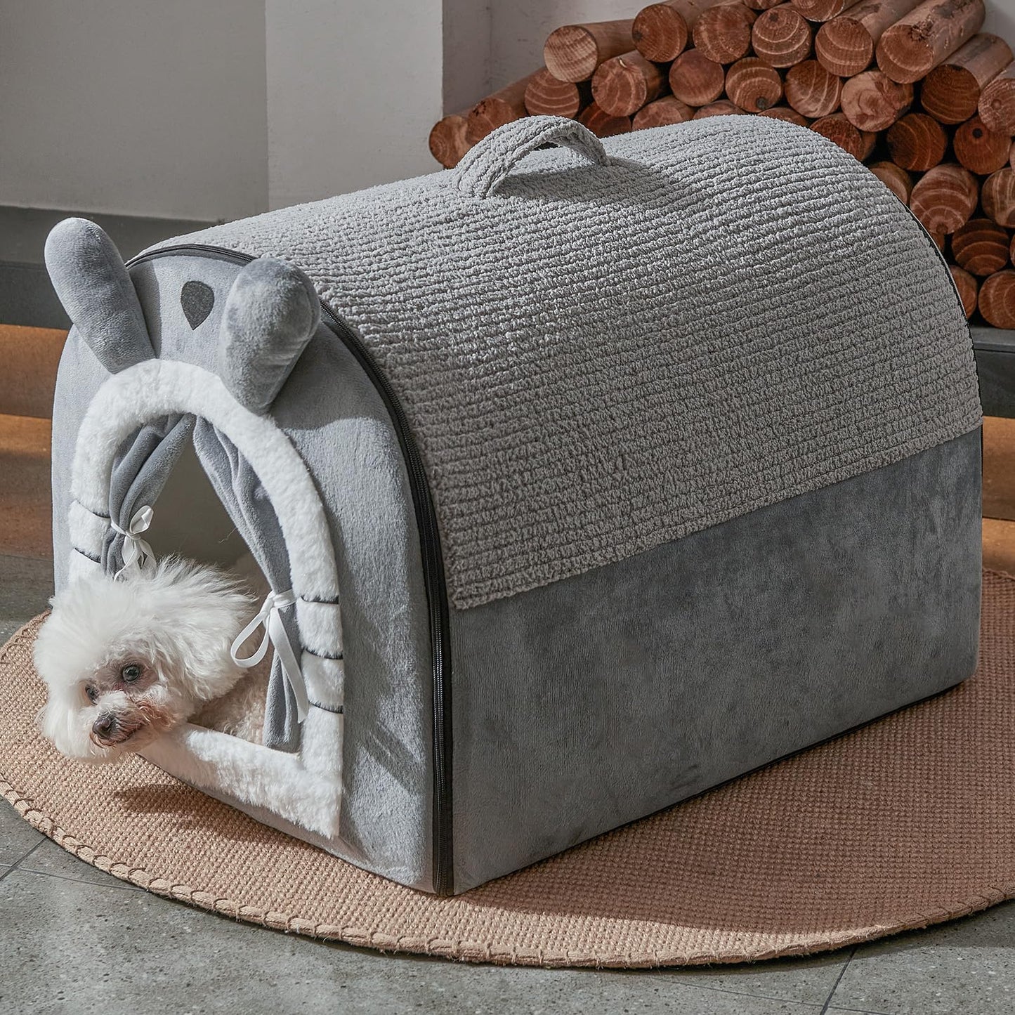 Jiupety Small Dog House Indoor, Dog Cave with Door Curtain Design, Puppy House with Reversible Washable Cushion, M Size Portable Pet Cave for Small Dogs Up to 12 Lbs, Non-Slip Bottom, Grey
