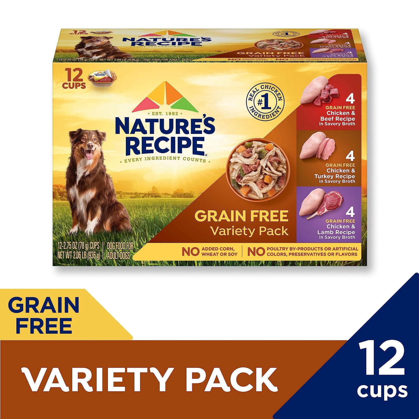 Nature’s Recipe Grain Free Chicken & Beef, Chicken & Turkey, Chicken & Lamb Wet Dog Food Variety Pack, 2.75 Ounce (Pack of 12)