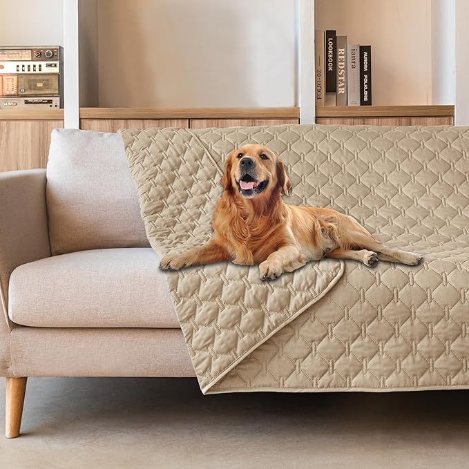 gogobunny 3X Stronger Waterproof Pet Blanket, Scratch Proof Furniture Protector for Dogs Cats, Reversible Cover 82x82 Inch, Dark Beige