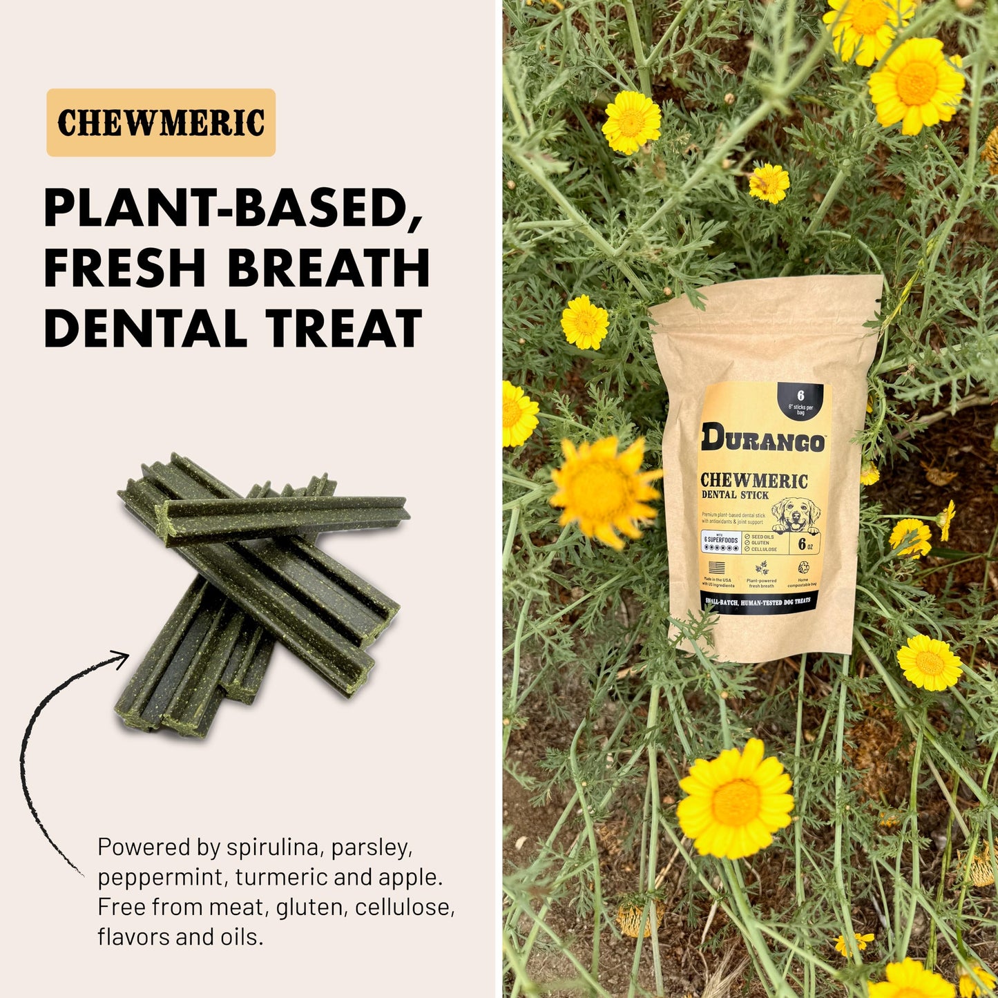 Durango Chewmeric Dental Sticks for Dogs – 6” Plant-Based Dog Chews with Turmeric, Spirulina, and Peppermint – Fresh Breath & Joint Support – Grain-Free Vegan Treats – Made in USA (6 Count)