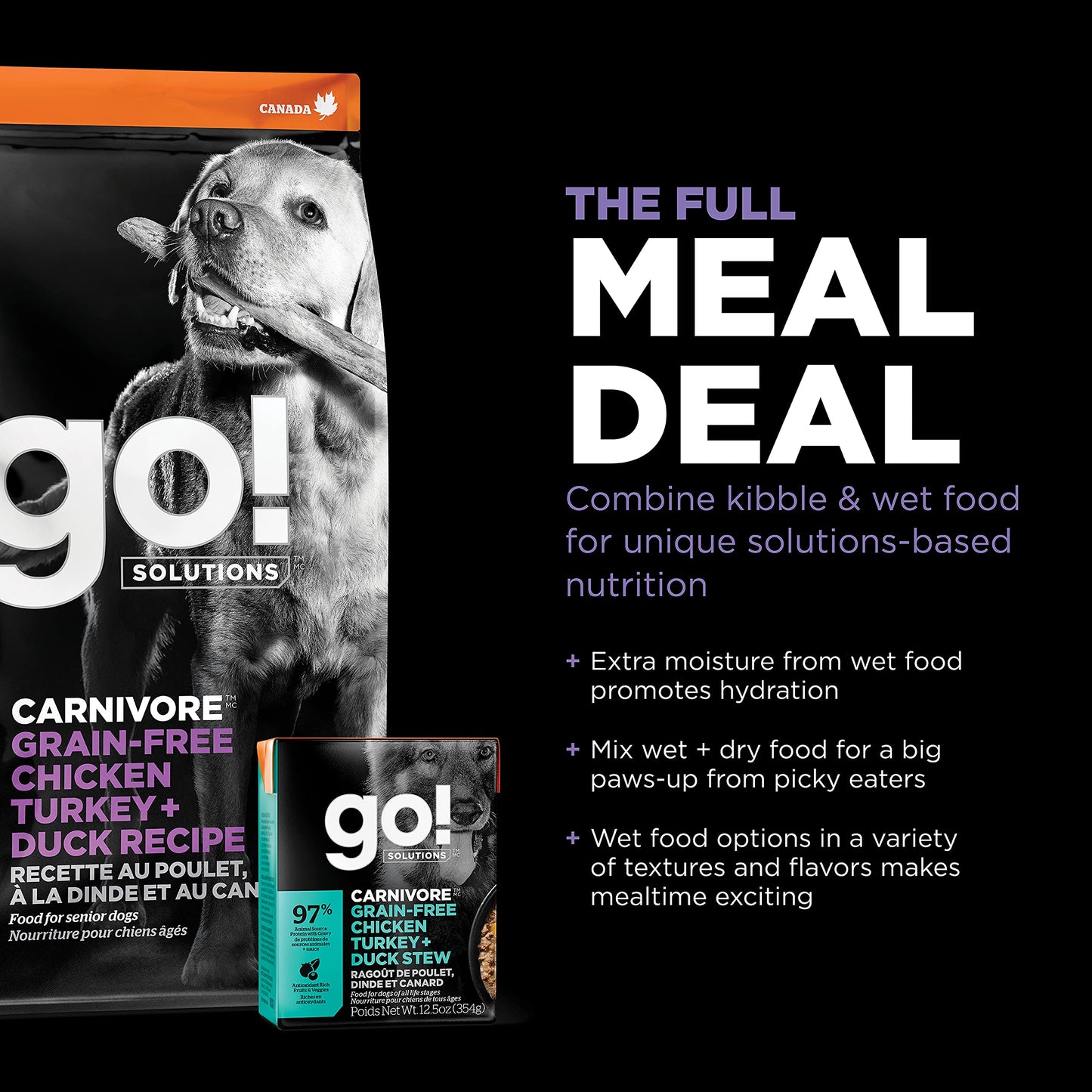 Go! Solutions Carnivore, Grain-Free, Protein Rich Dry Dog Food, Chicken, Turkey and Duck Senior Recipe, 22 lb Bag