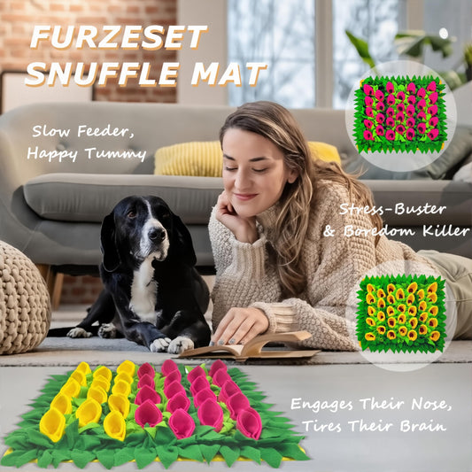 Snuffle Mat for Dogs, Cats, Rabbits, Guinea Pigs, Durable Washable Pet Feeding Mat, Flower & Grass Slow Feeder, Nose Work Training Pad, Anxiety Relief & Mental Stimulation(S, Yellow/Rose Red)